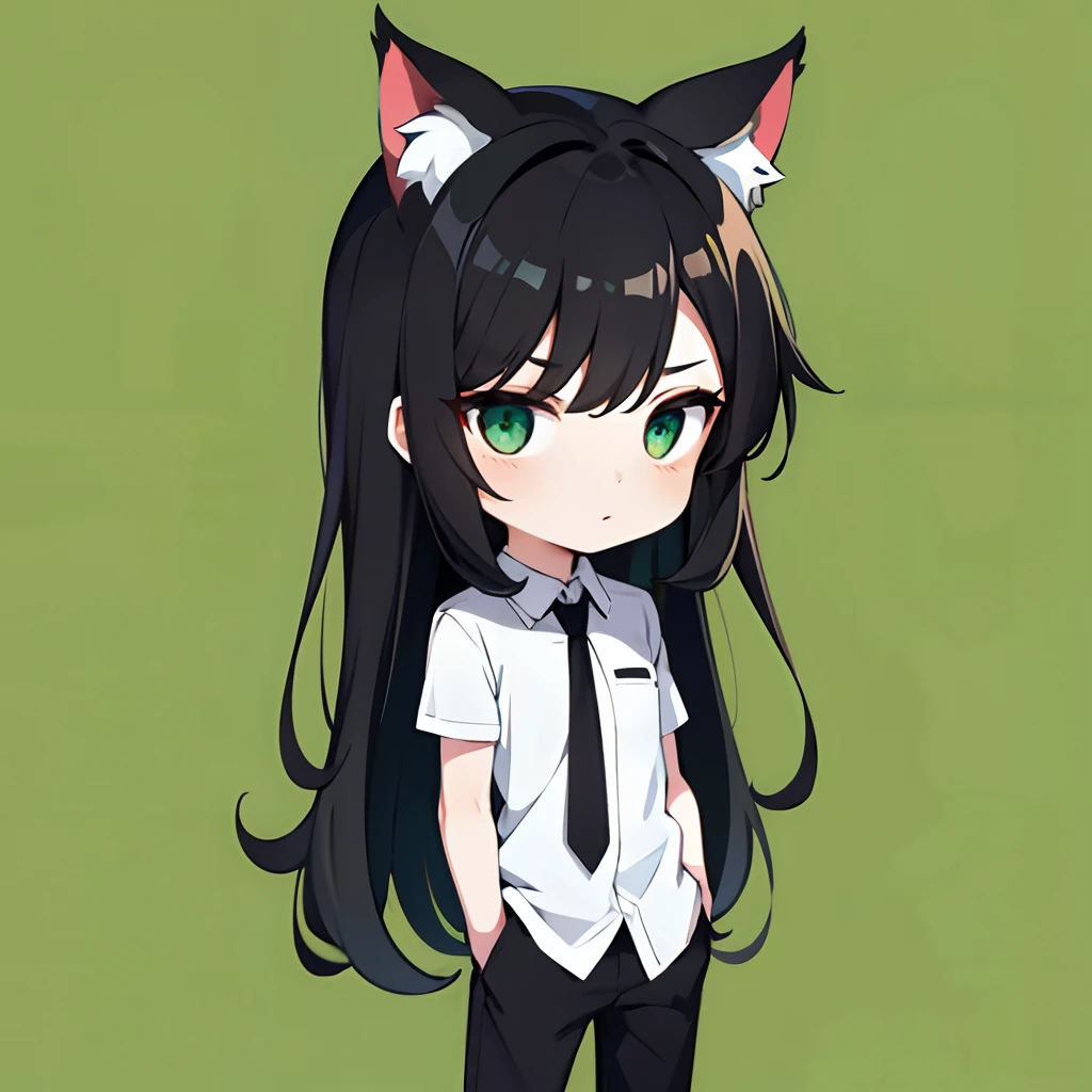 black hair, White Skin Skin, Green eyes, cat ears, chibi, grimalkin, Oval eyes . tied shirt, Official pants, hairlong