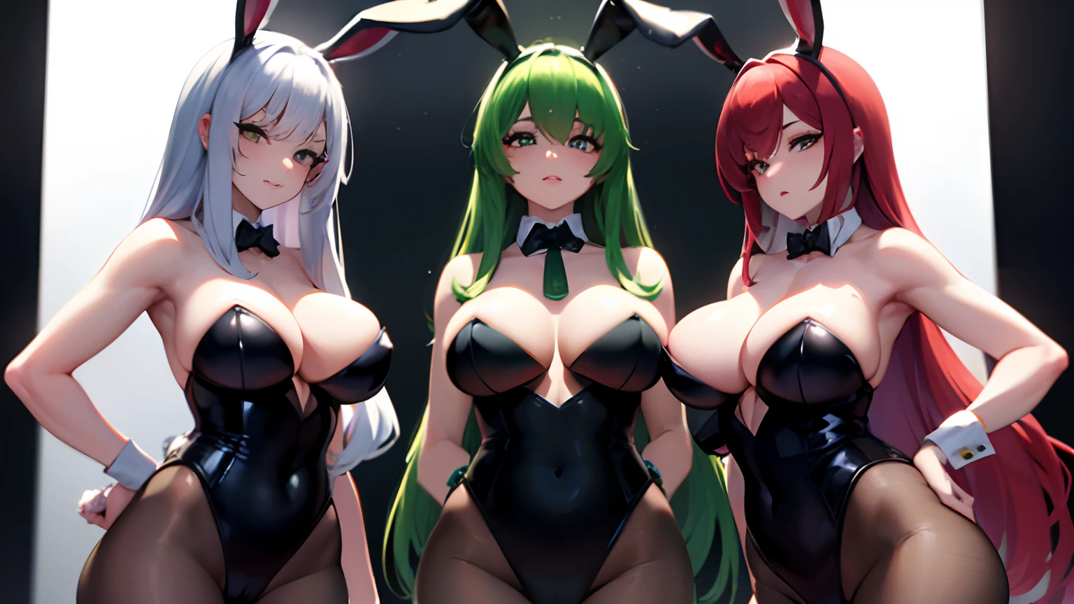 masterpiece, lots of detail, 4k, 8k, ((ultra-detailed)), highres, soft lighting, 3girls, playboy bunny, bunny ears, {multicolored hair|green hair|red hair|white hair}, {petite|curvy}