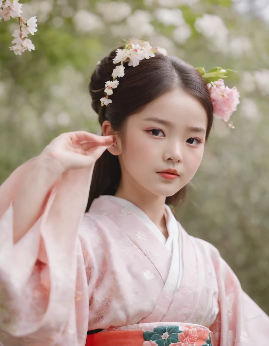 Japan kimono, Kawaii aesthetic style, New Pop Meadows,  Put the flowers in your nose and smell, Blush, Fair skin, cheerfulness, 7 year old girl