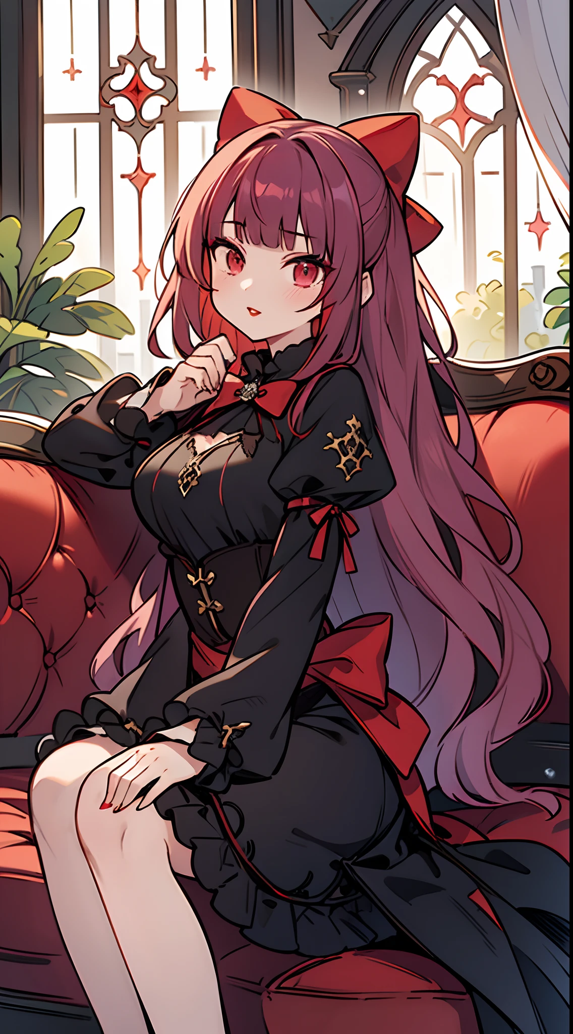 Best Quality, masutepiece, 1 girl, my, (slender:1.3), medium breasts, (light purpl hair:1.3), Long hair, Wavy Hair, Drill Hair, (Blunt bangs:1.3), Looking at Viewer, Bow, (Medieval fantasy:1.3), Sense of depth, (Hair Bow:1.3), (Red Goss Raleigh:1.3), Horizontal view, (Sit on a Gothic sofa:1.3), (Black sofa:1.2), Front Angle, (black and white window:1.3), (black interior:1.2), (Red colored lips:1.3), [[[[Multiple arms]]]], [[[tangled legs]]]