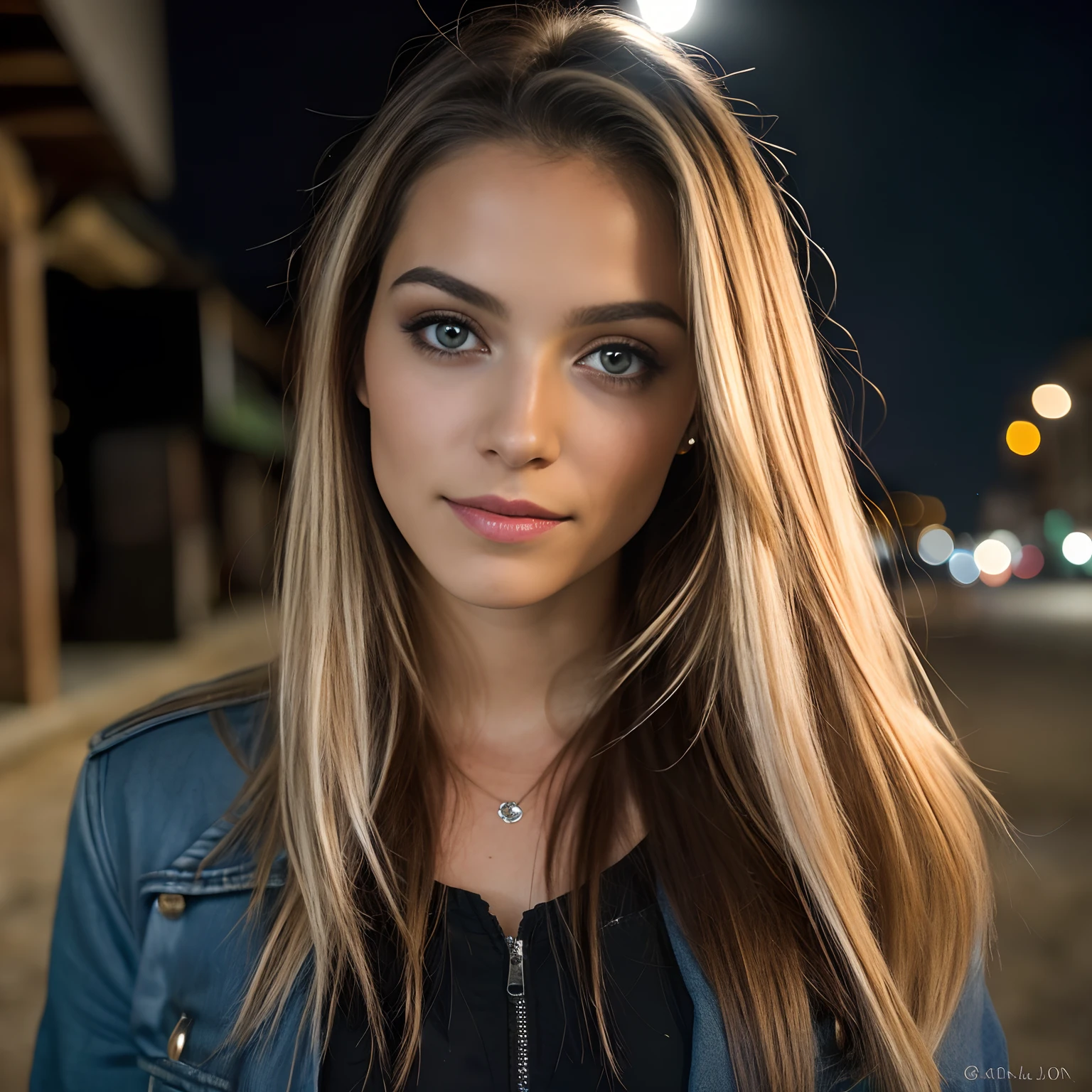 (Selfie, Vista superior: 1.4), (mitad recta del cuerpo: 1.4), RAW uhd portrait photo of a 24 year old blonde (Mujer de ojos marrones) walking down a dark alleyway, senos grandes,, Ciudad de noche, (falda delgada), (Parte superior delgada), Detalles (Texturas! , cabello! , brillar, Color!! , Desventajas: 1.1), ojos brillantes con alto detalle (Looking at the camera), SLR lighting, SLR camera, Ultra calidad, agudeza, Profundidad de campo, Film grain (centro), Fujifilm XT3, Cristalina, Centro del marco, Cara hermosa, foco nítido, farola, Neon lighting, Bokeh (Poca luz), Noche, (cielo nocturno), poros detallados de la piel, piel grasa, quemadura, Detalles oculares complejos, cuerpo completo, cabello rubio claro, flequillo contundente, senos grandes