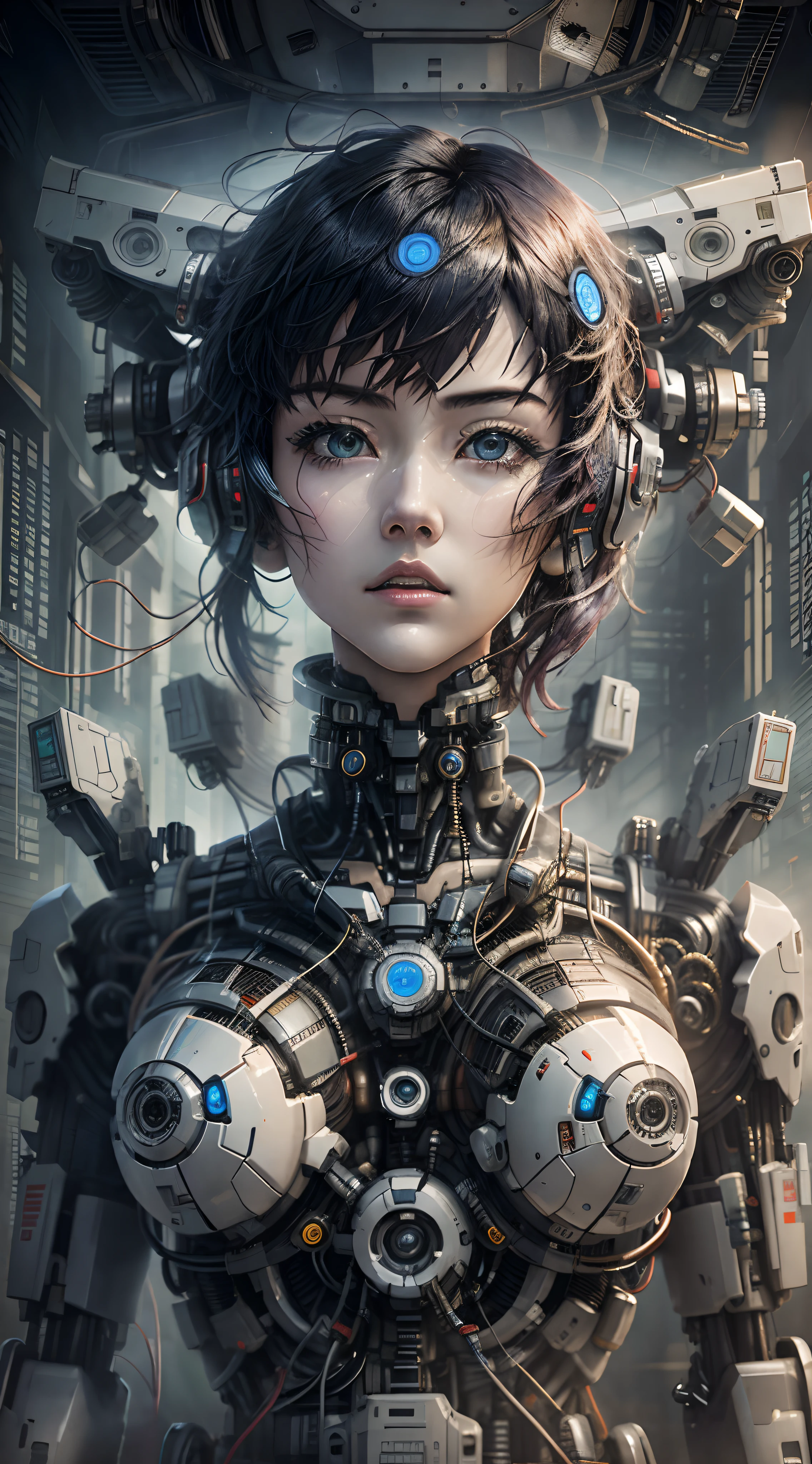 Ghost in the Shell Kusanagi Corpo Escultural, on a machine with cables and wires connected, Uniforme mecha del futuro, Modern robot factory,