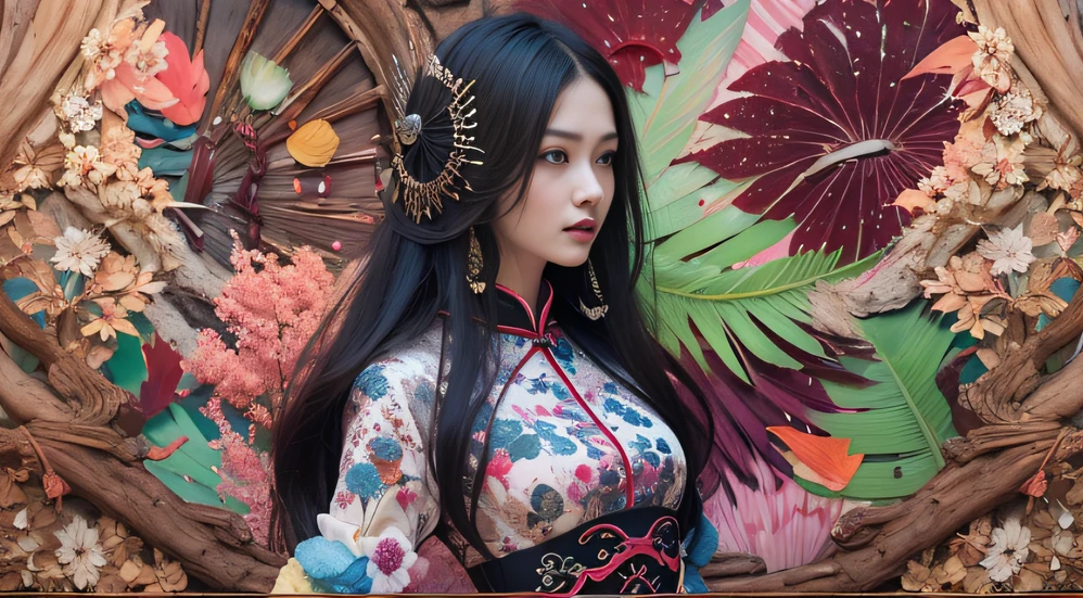 32K autumn view（tmasterpiece，k hd，hyper HD，32K）Long flowing black hair，ponds，zydink， a color， Autumn （Sensual girl）， （Blue and white silk scarf）， Combat posture， looking at the ground， long whitr hair， Floating hair， Carp pattern headdress， Chinese long-sleeved cheongsam， （Abstract gouache splash：1.2）， Pink petal background，Pink and white autumn sunset leaves fly（realisticlying：1.4），Black color hair，Fallen leaves flutter，The background is pure， A high resolution， the detail， RAW photogr， Sharp Re， Nikon D850 Film Stock Photo by Jefferies Lee 4 Kodak Portra 400 Camera F1.6 shots, Rich colors, ultra-realistic vivid textures, Dramatic lighting, Unreal Engine Art Station Trend, cinestir 800，Long flowing black hair，Bright clothes