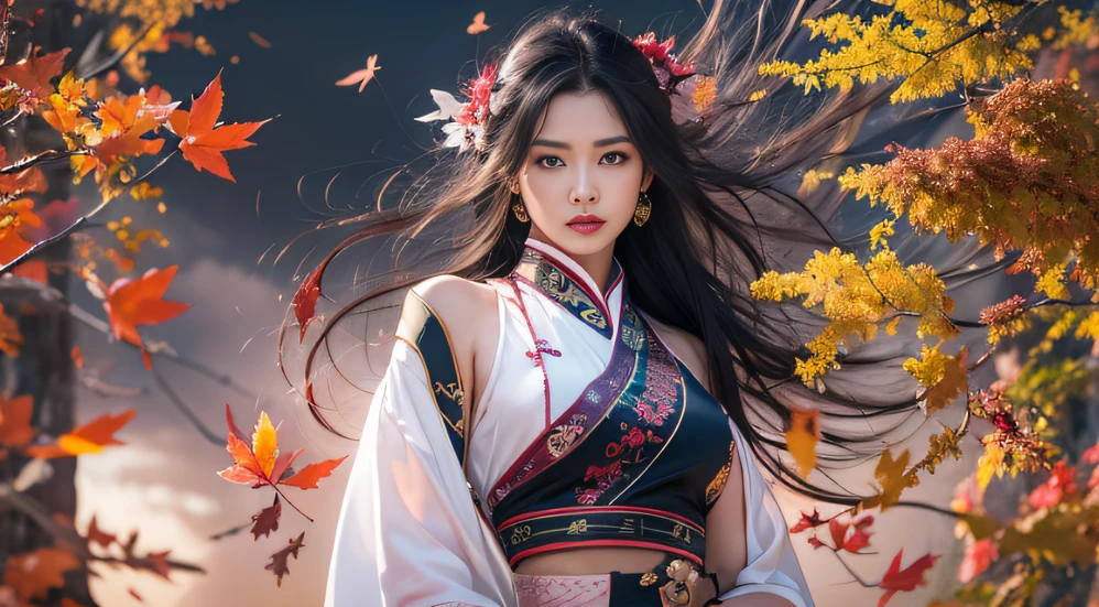 32K autumn view（tmasterpiece，k hd，hyper HD，32K）Long flowing black hair，ponds，zydink， a color， Autumn （Sensual girl）， （Blue and white silk scarf）， Combat posture， looking at the ground， long whitr hair， Floating hair， Carp pattern headdress， Chinese long-sleeved cheongsam， （Abstract gouache splash：1.2）， Pink petal background，Pink and white autumn sunset leaves fly（realisticlying：1.4），Black color hair，Fallen leaves flutter，The background is pure， A high resolution， the detail， RAW photogr， Sharp Re， Nikon D850 Film Stock Photo by Jefferies Lee 4 Kodak Portra 400 Camera F1.6 shots, Rich colors, ultra-realistic vivid textures, Dramatic lighting, Unreal Engine Art Station Trend, cinestir 800，Long flowing black hair，Bright clothes