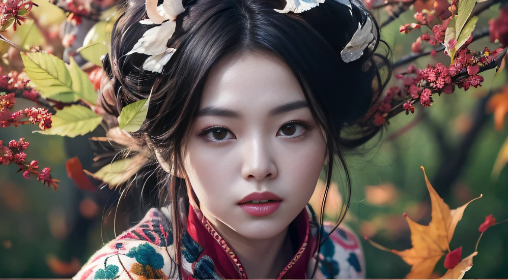 32K autumn view（tmasterpiece，k hd，hyper HD，32K）Long flowing black hair，ponds，zydink， a color， Autumn （Sensual girl）， （Blue and white silk scarf）， Combat posture， looking at the ground， long whitr hair， Floating hair， Carp pattern headdress， Chinese long-sleeved cheongsam， （Abstract gouache splash：1.2）， Pink petal background，Pink and white autumn sunset leaves fly（realisticlying：1.4），Black color hair，Fallen leaves flutter，The background is pure， A high resolution， the detail， RAW photogr， Sharp Re， Nikon D850 Film Stock Photo by Jefferies Lee 4 Kodak Portra 400 Camera F1.6 shots, Rich colors, ultra-realistic vivid textures, Dramatic lighting, Unreal Engine Art Station Trend, cinestir 800，Long flowing black hair，Bright clothes