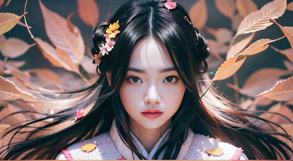 32K autumn view(tmasterpiece,k hd,hyper HD,32K)Long flowing black hair,ponds,zydink, a color, Autumn (Sensual girl), (Blue and white silk scarf), Combat posture, looking at the ground, long whitr hair, Floating hair, Carp pattern headdress, Chinese long-sleeved cheongsam, (Abstract gouache splash:1.2), Pink petal background,Pink and white autumn sunset leaves fly(realisticlying:1.4),Black color hair,Fallen leaves flutter,The background is pure, A high resolution, the detail, RAW photogr, Sharp Re, Nikon D850 Film Stock Photo by Jefferies Lee 4 Kodak Portra 400 Camera F1.6 shots, Rich colors, ultra-realistic vivid textures, Dramatic lighting, Unreal Engine Art Station Trend, cinestir 800,Long flowing black hair,Bright clothes