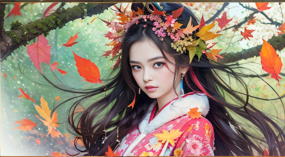 32K autumn view（tmasterpiece，k hd，hyper HD，32K）Long flowing black hair，ponds，zydink， a color， Autumn （Sensual girl）， （Blue and white silk scarf）， Combat posture， looking at the ground， long whitr hair， Floating hair， Carp pattern headdress， Chinese long-sleeved cheongsam， （Abstract gouache splash：1.2）， Pink petal background，Pink and white autumn sunset leaves fly（realisticlying：1.4），Black color hair，Fallen leaves flutter，The background is pure， A high resolution， the detail， RAW photogr， Sharp Re， Nikon D850 Film Stock Photo by Jefferies Lee 4 Kodak Portra 400 Camera F1.6 shots, Rich colors, ultra-realistic vivid textures, Dramatic lighting, Unreal Engine Art Station Trend, cinestir 800，Long flowing black hair，Bright clothes