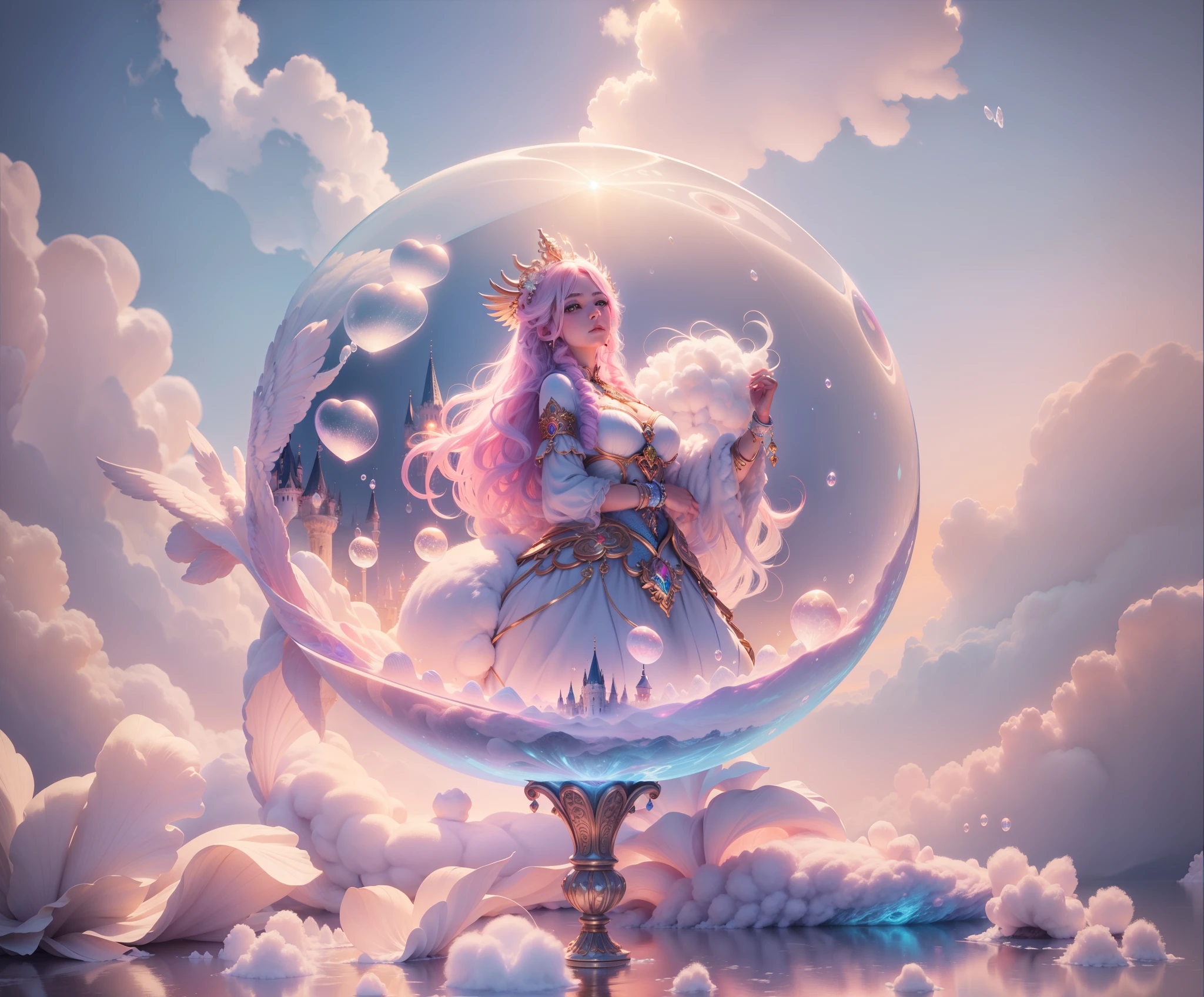 Cotton Candy Queen Women Goddess 8k Resolution Rendered Hyper Realistic Intricate Detail lives in an frosty heart shaped ice bubble, a fanciful place filled with castles, cotton candy, swans lakes and fluffy clouds, An intricate visual representation of computer programing, rendered in 24k resolution with intricate details and symbols.
