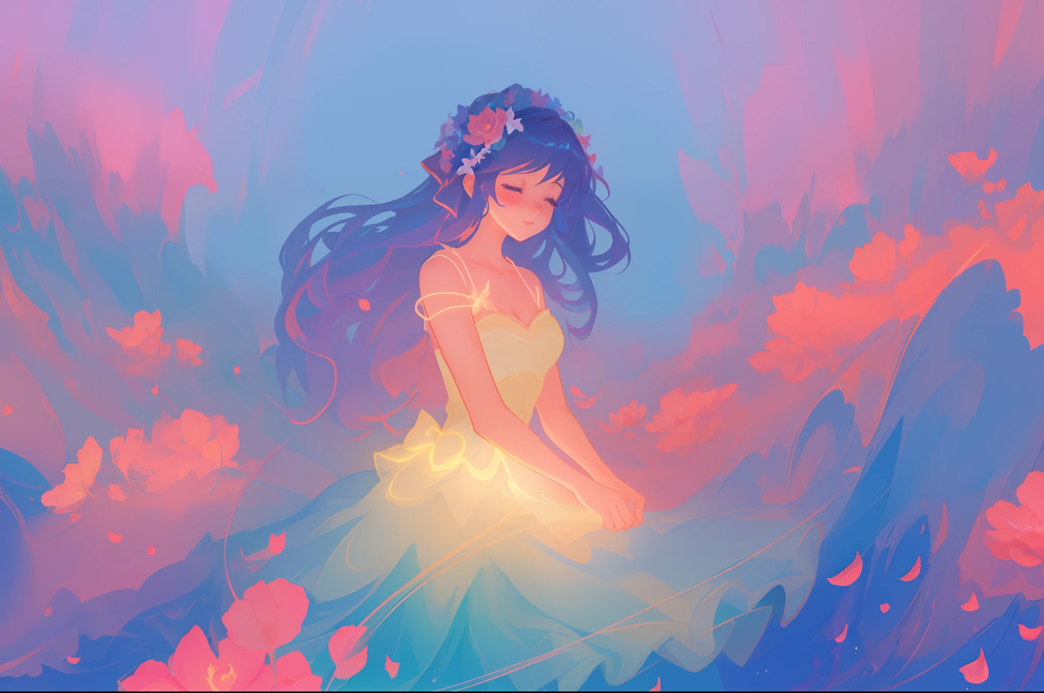 beautiful girl in flowing ballgown, inspired by Glen Keane, inspired by Lois van Baarle, disney art style, by Lois van Baarle, glowing aura around her, by Glen Keane, jen bartel, glowing lights! digital painting, flowing glowing hair, glowing flowing hair, beautiful digital illustration, fantasia otherworldly landscape plants flowers, beautiful, masterpiece, best quality, anime disney style