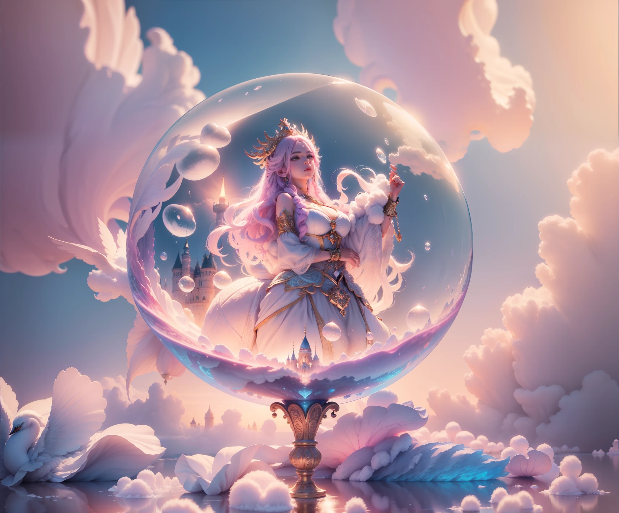Cotton Candy Queen Women Goddess 8k Resolution Rendered Hyper Realistic Intricate Detail lives in an frosty heart shaped ice bubble, a fanciful place filled with castles, cotton candy, swans lakes and fluffy clouds, An intricate visual representation of computer programing, rendered in 24k resolution with intricate details and symbols.