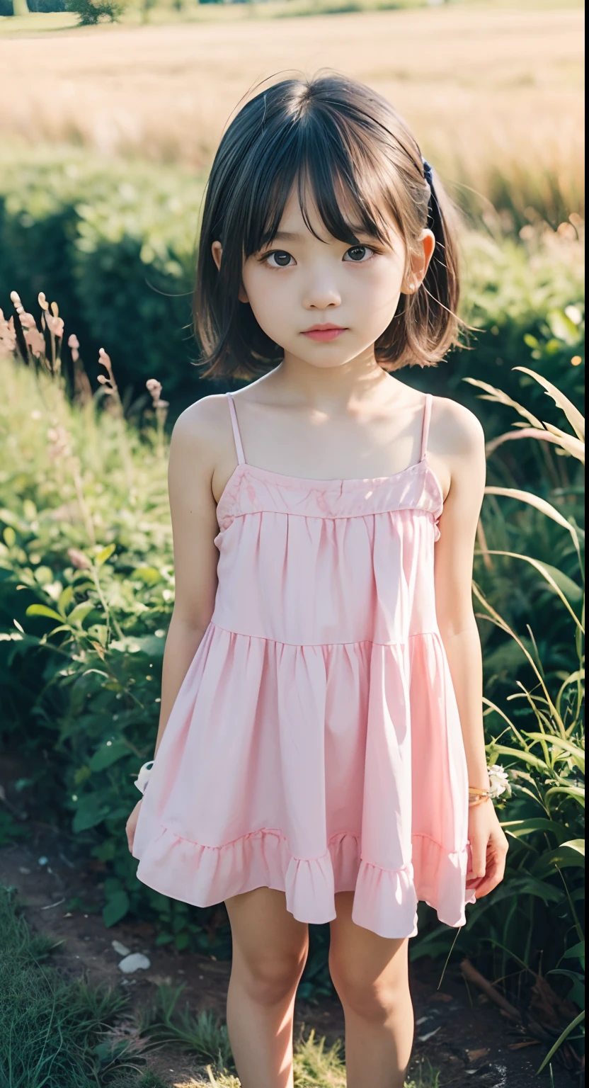 li, lo face, loli body, flat chest, standing, full body, short hair, short dress, pink summer dress, pink dress, pink nighty gown,1girl, skin tone white, grass background,chil