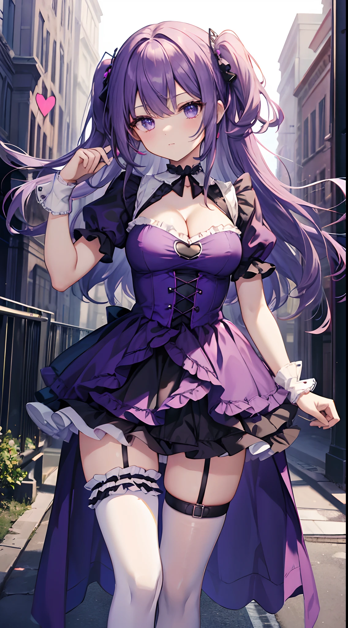 masterpiece, best quality, highres, sk4, frills, asymmetrical legwear, heart cutout, wrist cuffs, cleavage cutout, single thighhigh, purple dress, short sleeves, choker, cowboy shot, standing, outdoors