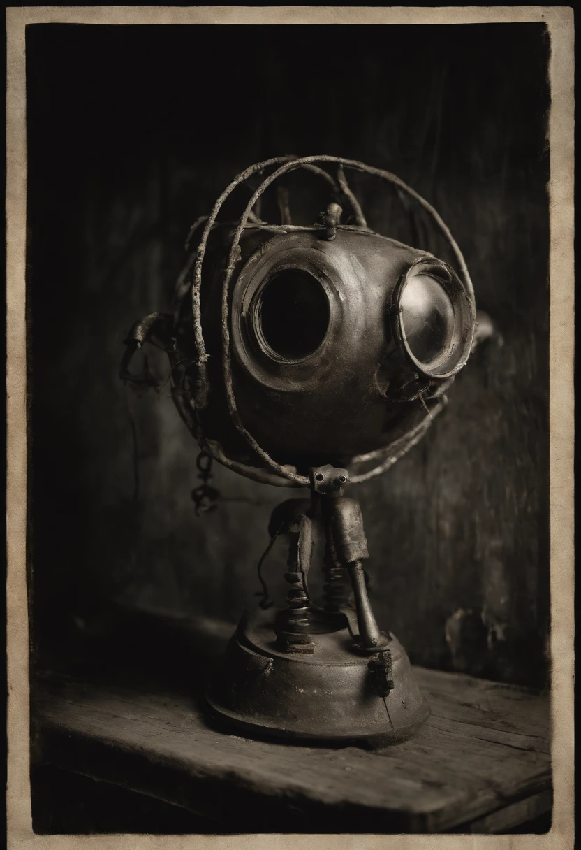 Face of a rusty metal robot, dark sad metal eyes, crying eyes , hanging mouth with loose metal teeth’s, spiderweb on the face, dark scenery, framed by old dirty wall, dust, broken parts 1965