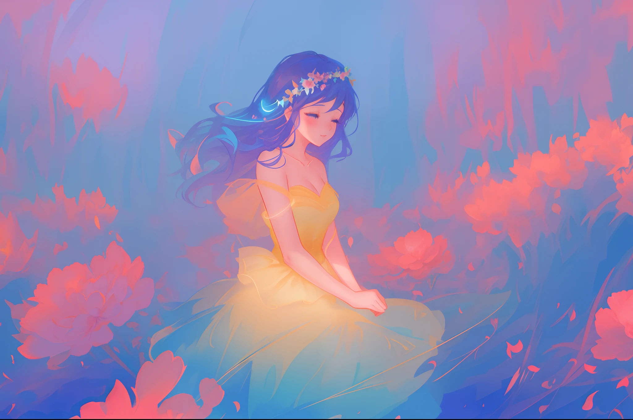 beautiful girl in flowing ballgown, inspired by Glen Keane, inspired by Lois van Baarle, disney art style, by Lois van Baarle, glowing aura around her, by Glen Keane, jen bartel, glowing lights! digital painting, flowing glowing hair, glowing flowing hair, beautiful digital illustration, fantasia otherworldly landscape plants flowers, beautiful, masterpiece, best quality, anime disney style