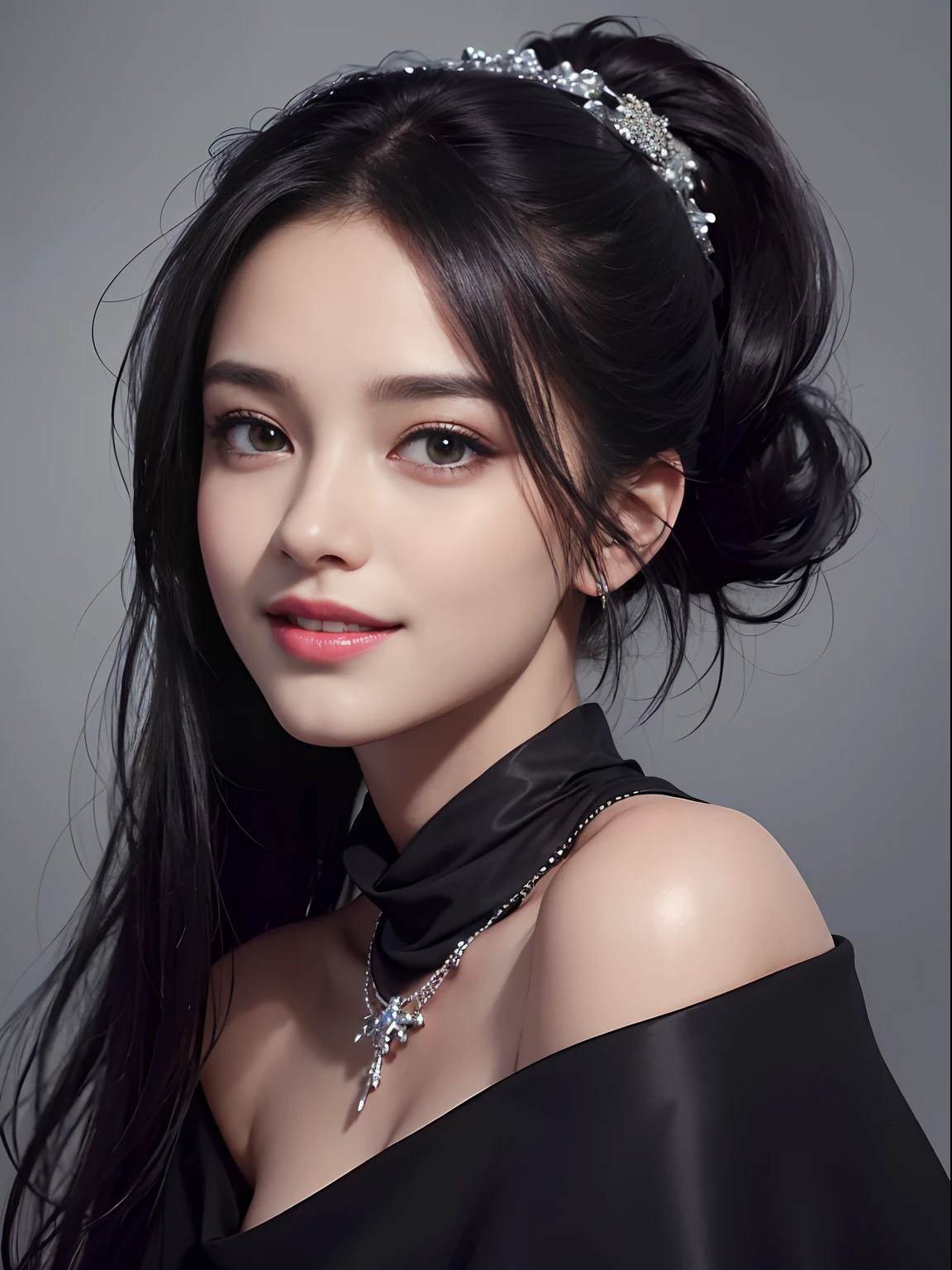 Top Quality, Masterpiece, Ultra High Definition, (Photorealistic: 1.4), Raw Photo, 1 Girl, Off Shoulder, ((((Dark)))), (Deep Shadow)))), ((Low Key)), (((Cold Light)), Black Hair Ponytail, Hair Ornament, Necklace, Smile