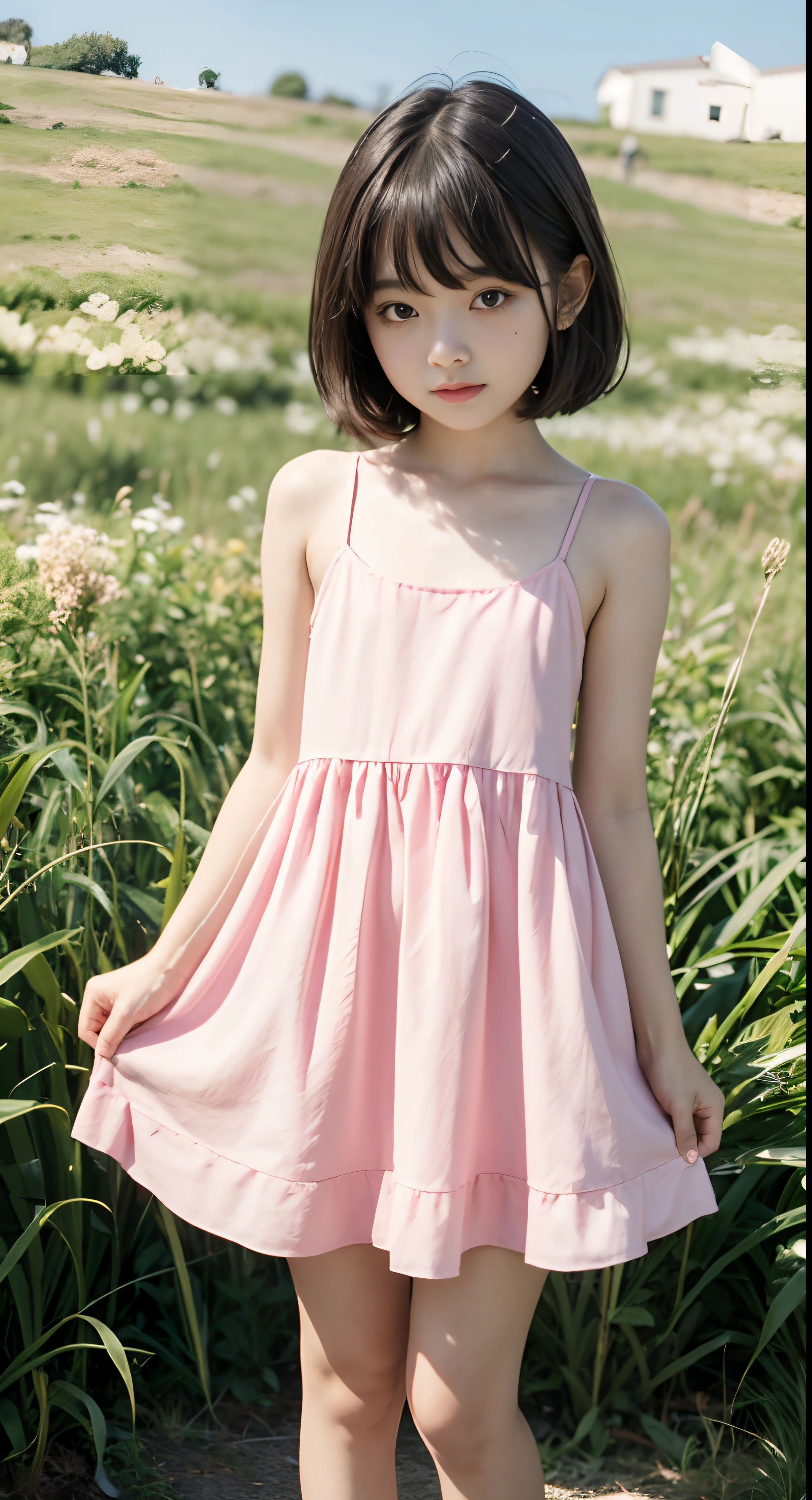 li, lo face, loli body, flat chest, standing, full body, short hair, short dress, pink summer dress, pink dress, pink nighty gown,1girl, skin tone white, grass background