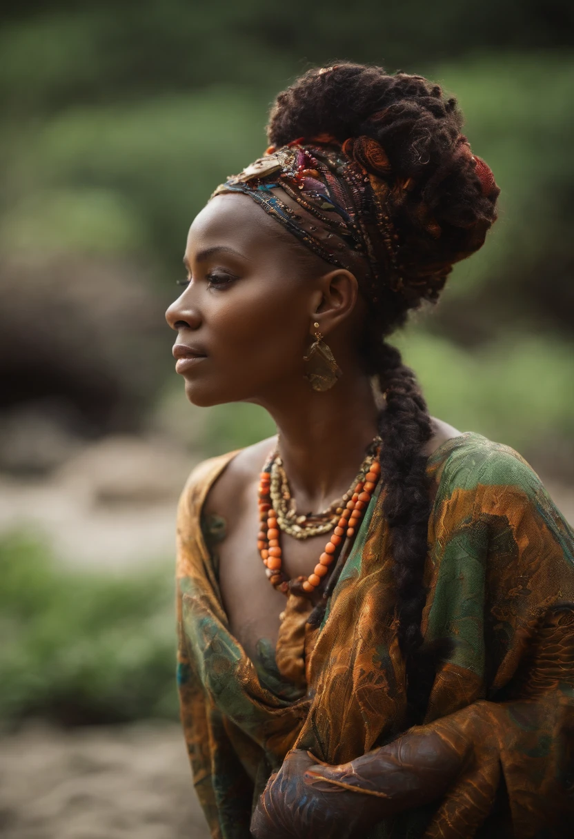 "Bioluminescent Serenity" -, vibrant, Colorful beautiful African female women, violet, green glow firefly, Edward Weston, kimono, Black ink flow, cinematic photo, beach, neon material, intricately detailed fluid  bioluminescent algae, 35mm photograph, bokeh, professional, 4k, highly detailed, luminous, enchanting, natural beauty, poetic.