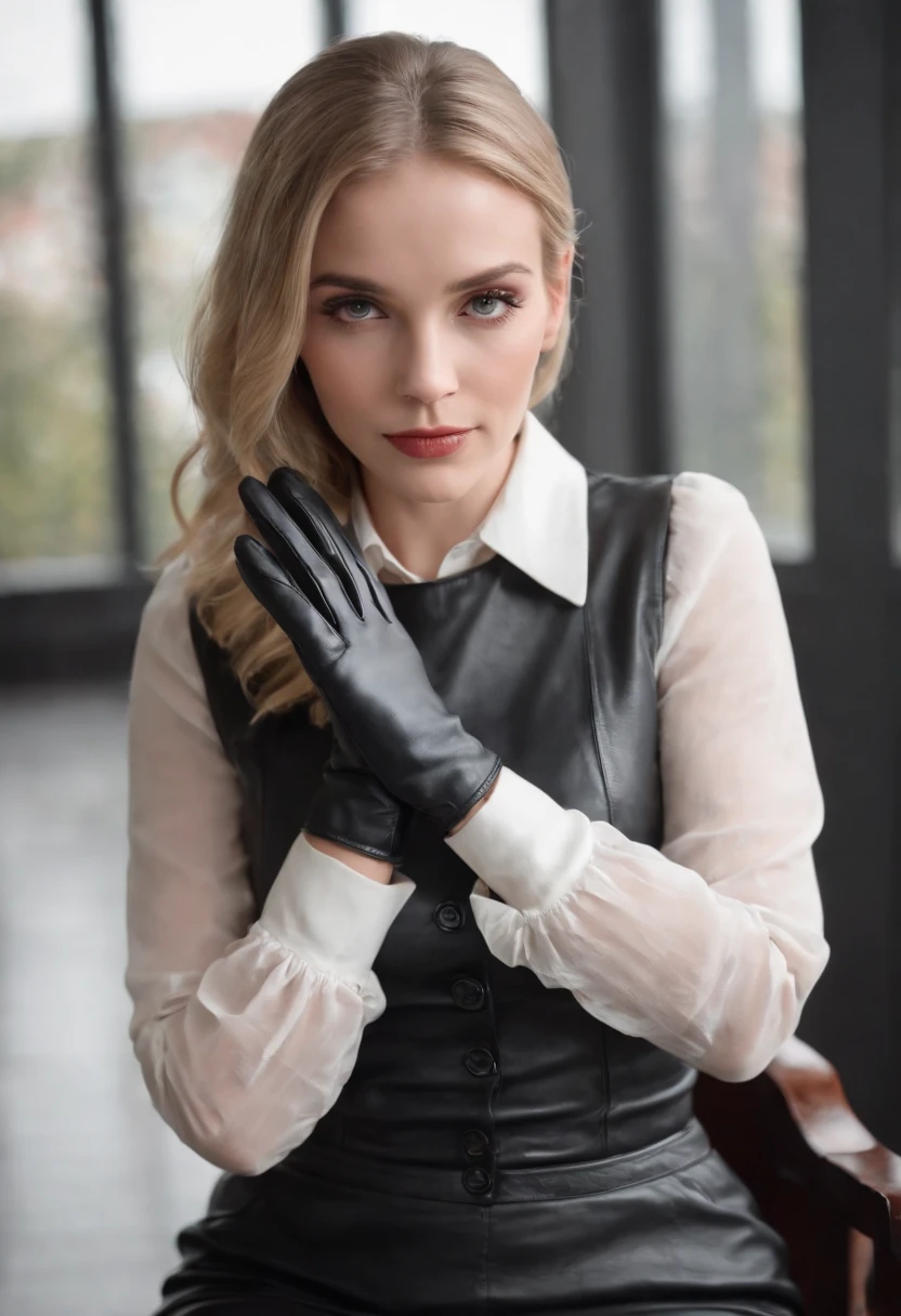Black leather gloves with five fingers in both hands, black leather tight skirt, white blouse, black leather long boots, sit on a leather chair with her feet aligned, both hands of leather gloves are aligned on her knees, American blonde young actress who tied her hair back
