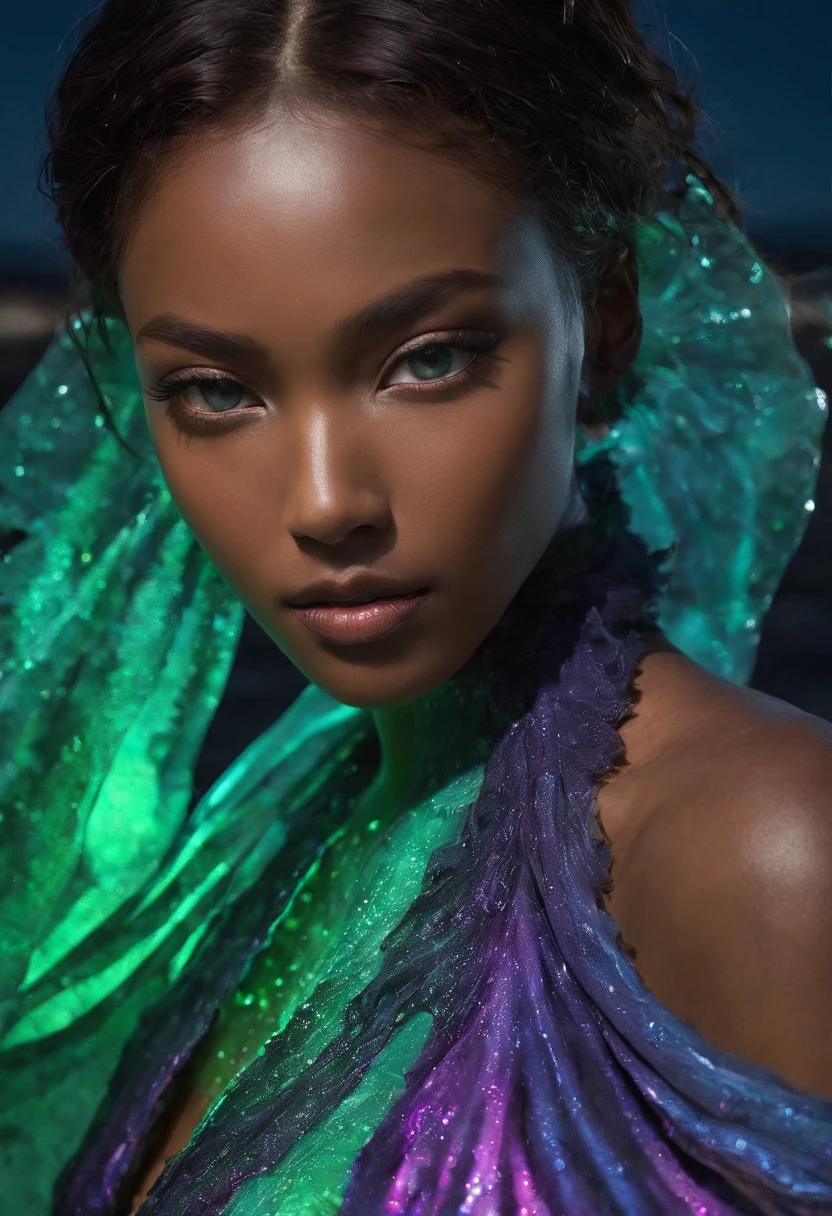 "Bioluminescent Serenity" -, vibrant, Colorful beautiful African female women, violet, green glow firefly, Edward Weston, kimono, Black ink flow, cinematic photo, beach, neon material, intricately detailed fluid bioluminescent algae, 35mm photograph, bokeh, professional, 4k, highly detailed, luminous, enchanting, natural beauty, poetic.