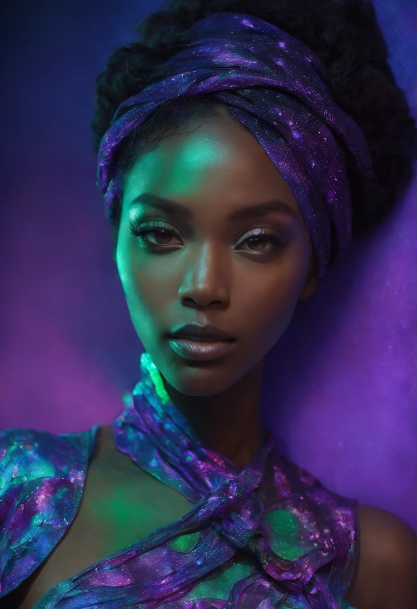 "Bioluminescent Serenity" -, vibrant, Colorful beautiful African female women, violet, green glow firefly, Edward Weston, kimono, Black ink flow, cinematic photo, beach, neon material, intricately detailed fluid bioluminescent algae, 35mm photograph, bokeh, professional, 4k, highly detailed, luminous, enchanting, natural beauty, poetic.