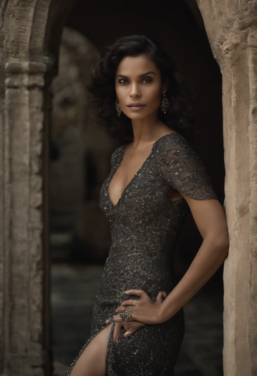 a close up of a woman in a black dress posing, photo from vogue magazine, halter neck, doing an elegant pose, black gown, indian super model, edited, stylish pose, stunning elegant pose, cut out, flawless structure, regal pose, revealing stylish dress, photoshoot, she is wearing a black dress, by Rodney Joseph Burn, glamorous pose, freida pinto