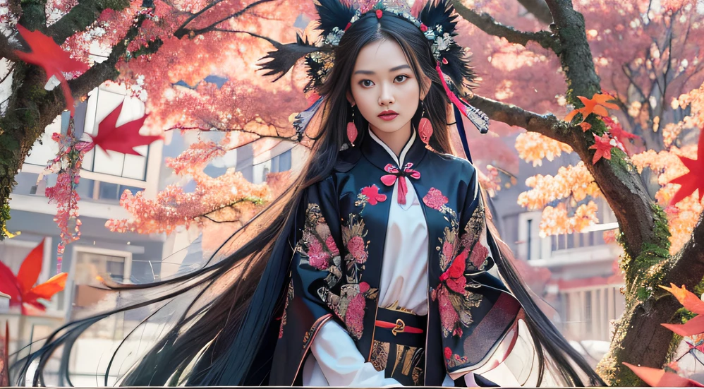 32K autumn view（tmasterpiece，k hd，hyper HD，32K）Long flowing black hair，ponds，zydink， a color， Autumn （Sensual girl）， （Blue and white silk scarf）， Combat posture， looking at the ground， long whitr hair， Floating hair， Carp pattern headdress， Chinese long-sleeved cheongsam， （Abstract gouache splash：1.2）， Pink petal background，Pink and white autumn sunset leaves fly（realisticlying：1.4），Black color hair，Fallen leaves flutter，The background is pure， A high resolution， the detail， RAW photogr， Sharp Re， Nikon D850 Film Stock Photo by Jefferies Lee 4 Kodak Portra 400 Camera F1.6 shots, Rich colors, ultra-realistic vivid textures, Dramatic lighting, Unreal Engine Art Station Trend, cinestir 800，Long flowing black hair，Bright clothes