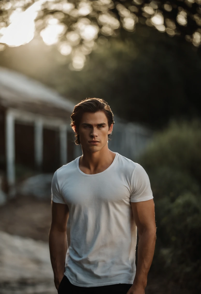 A 20 year old man with dark brown hair and icy blue eyes stands in a sunbeam, his silhouette athletic and strong, his face illuminated by the sun, his strong jaw and dark edges highlighted, and a stumble in his step, wearing a white t-shirt and an open dark shirt, his expression determined and powerful.A 20 year old man with dark brown hair, icy blue eyes, and an athletic silhouette stands in a sunbeam, wearing a white t-shirt and an open dark shirt, with a face of strong edges and a strong jaw, slightly stumbling.