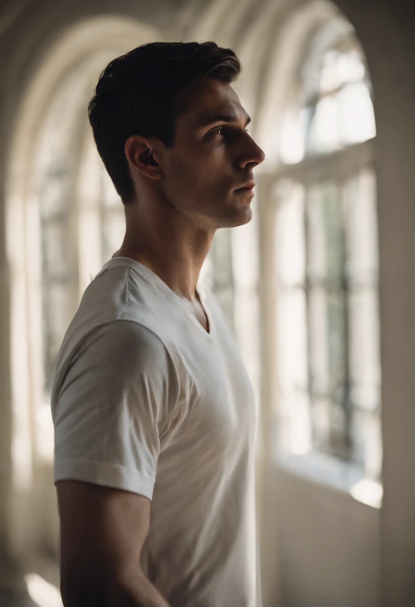 A 20 year old man with dark brown hair and icy blue eyes stands in a sunbeam, his silhouette athletic and strong, his face illuminated by the sun, his strong jaw and dark edges highlighted, and a stumble in his step, wearing a white t-shirt and an open dark shirt, his expression determined and powerful.A 20 year old man with dark brown hair, icy blue eyes, and an athletic silhouette stands in a sunbeam, wearing a white t-shirt and an open dark shirt, with a face of strong edges and a strong jaw, slightly stumbling.