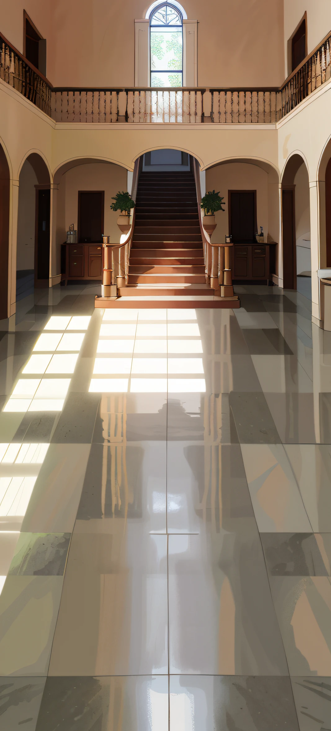 Front view，Villa hall，Smooth tiled floors，a large living room，stairways，spacious