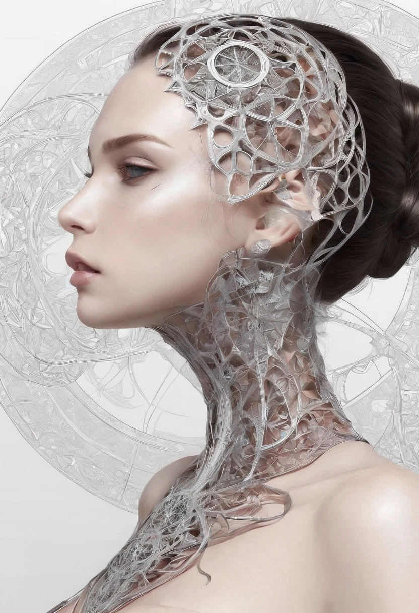 Fractal Theme, mockup, female cyborg, Art Stereometry, Mathematics, Art Fantasy, Art Flower of Life Sacred Geometry, sparks and surges, sticker, vector t-shirt art design, ready to print, white bg, vibrant, absolutely black thin contour lines, detailed, sticker