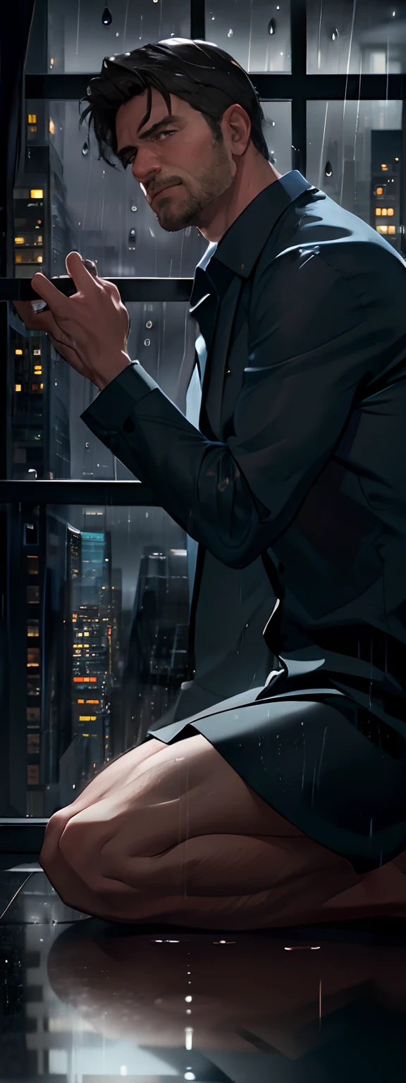 (best quality, 4k), (realistic:1.37), a man sitting by a square window, looking out the window, rain pouring down, the sky filled with dark clouds, tall buildings surround in a cramped atmosphere, vibrant colors, detailed raindrops on the window, moody atmosphere, cityscape, wet reflections, dimly lit room, atmospheric lighting