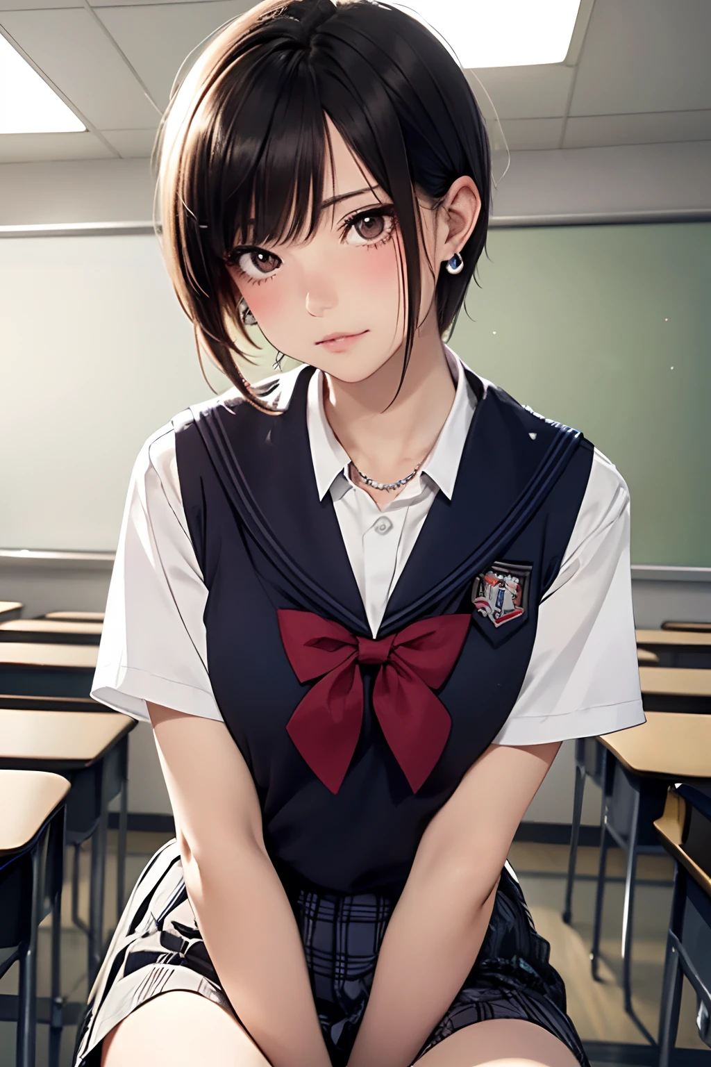 (masutepiece: 1.3), (max resolution: 1.2), (Ultra HDTV: 1.2), cinematric light, Ultra HDTV, (Detailed eyes and skin), (detailed facial features), nffsw, 8K resolution, Sharp Focus: 1.2, Perfect Style, Beautiful face, acurate, Anatomically correct, Highly detailed face and skin texture, Detailed eyes, Brown eyes, Double eyelids, Thin eyebrows, Glitter Eyeliner: 1.2, Natural cheeks, Glossy skin, Fair skin: 1.2, shiny little necklace and earrings, (Glossy lips: 1.4),
break
First-person perspective, Wearing a high school uniform, (embarrassed:1.2), (blush:1.2), a Innocent and cute girl,
(Full body shot: 1.2), (From below:1.3), (Focus on Face), ((Very intimate relationships: 1.2)), (medium large breasts:1.1), ((Standing cross-legged :1.2)),
BREAK
(((In the classroom: 1.2)), (looking down at viewer:1.2)),