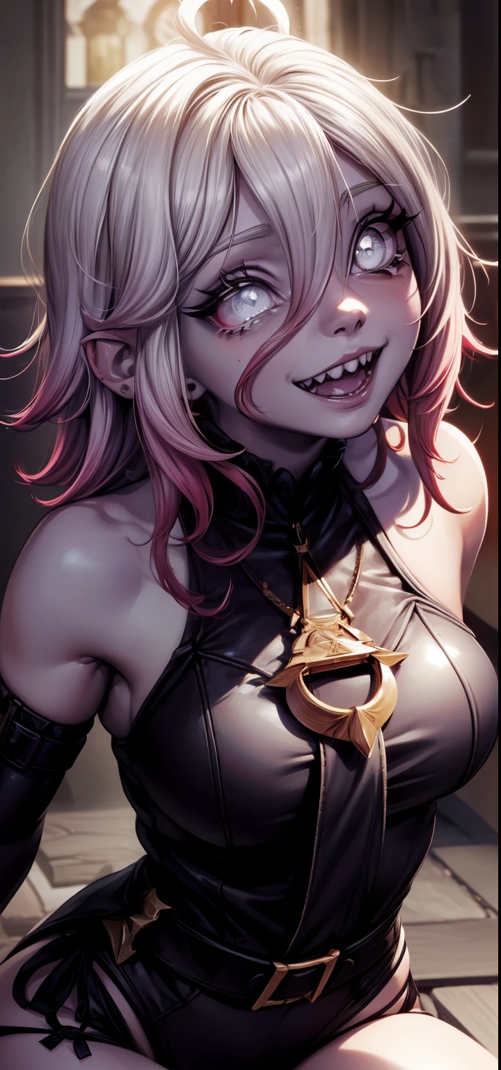 NSFW, High quality, masterpiece, best quality, 1 girl, supine, kneeling, pale skin, messy hair, red eyes, glowing eyes, creepy, creepy smile, crazy expression, blood on face, blood on body, ((naked)), creepy, scary, blood, horror, light particles, night, iron bracelets with chains