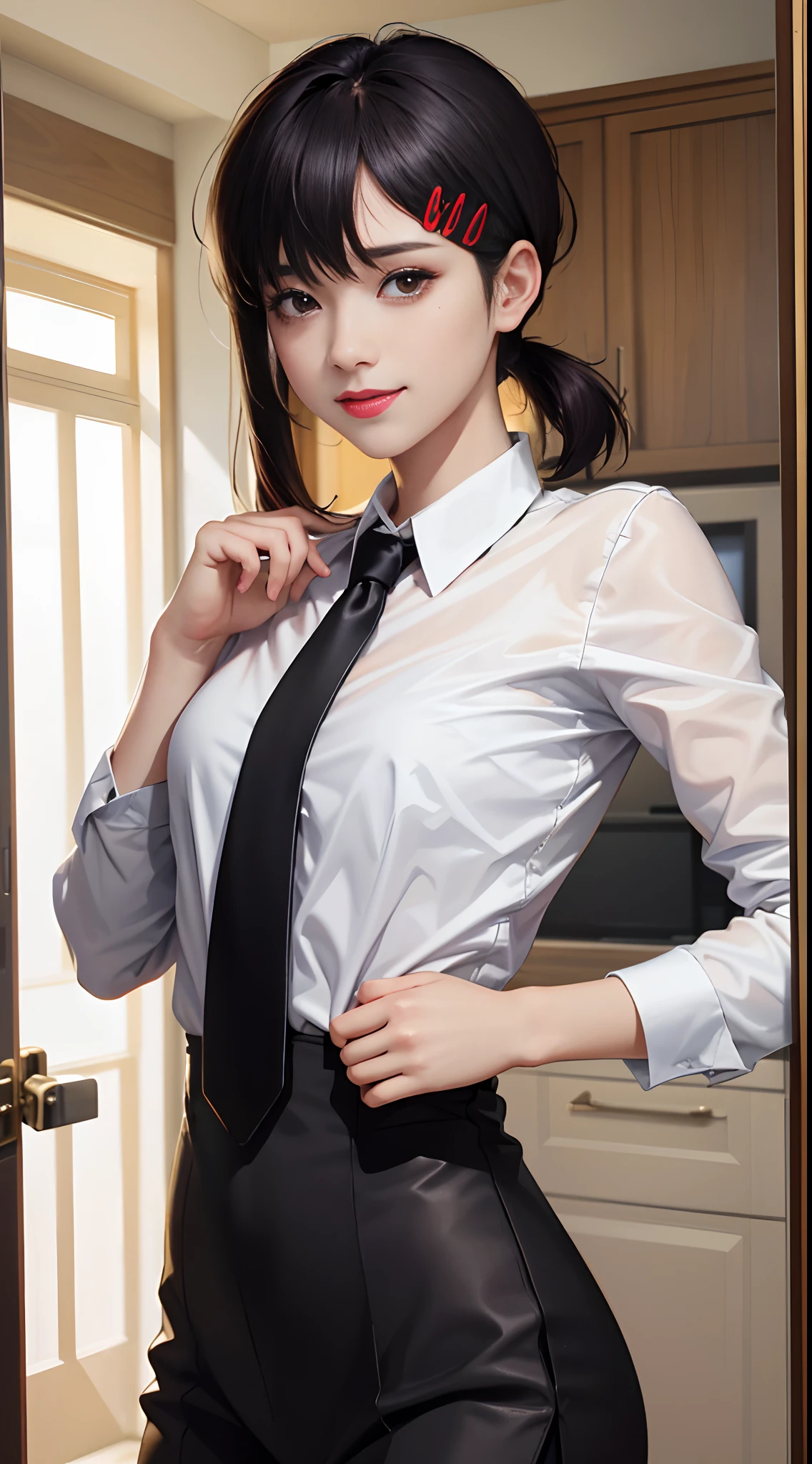 tmasterpiece,best qualtiy,ultra - detailed,illustratio,epic lighting,cinematic compositions,isometry,1girll,ssmile,Redlip,独奏,adolable,Black eyes,Black color hair,By bangs,red hair clips,blouse with a white collar,black necktie,Black pantsuit,Professional Dress,captivating posture,inside in room,office room,Open the door,looking at viewert,peeking out upper body,Be red in the face,seduct smile,Shut your mouth,(8K:1.1),