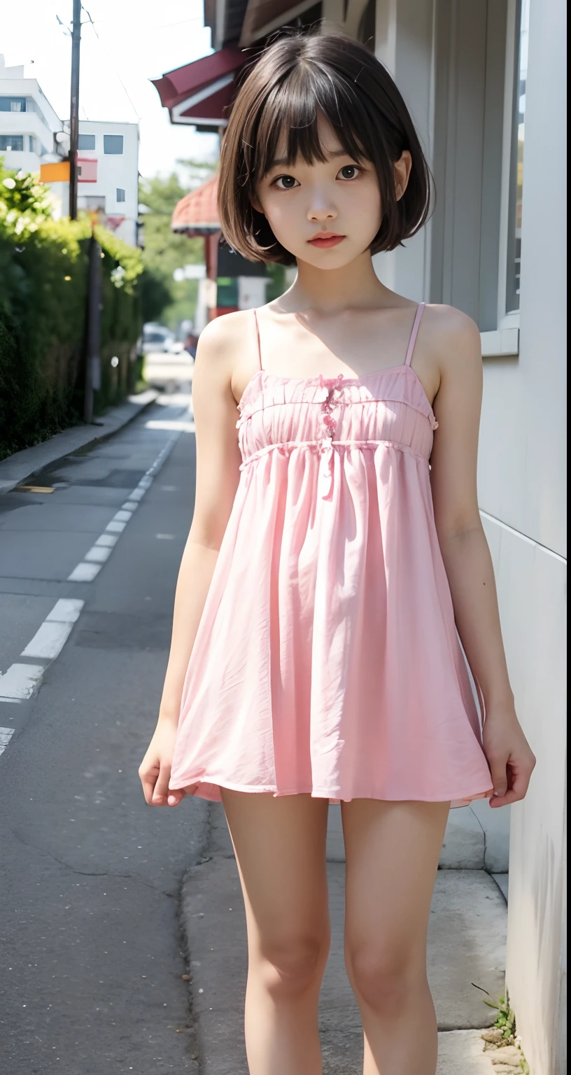 li, lo face, loli body, flat chest, standing, full body, short hair, short dress, pink summer dress, pink dress, pink nighty gown
