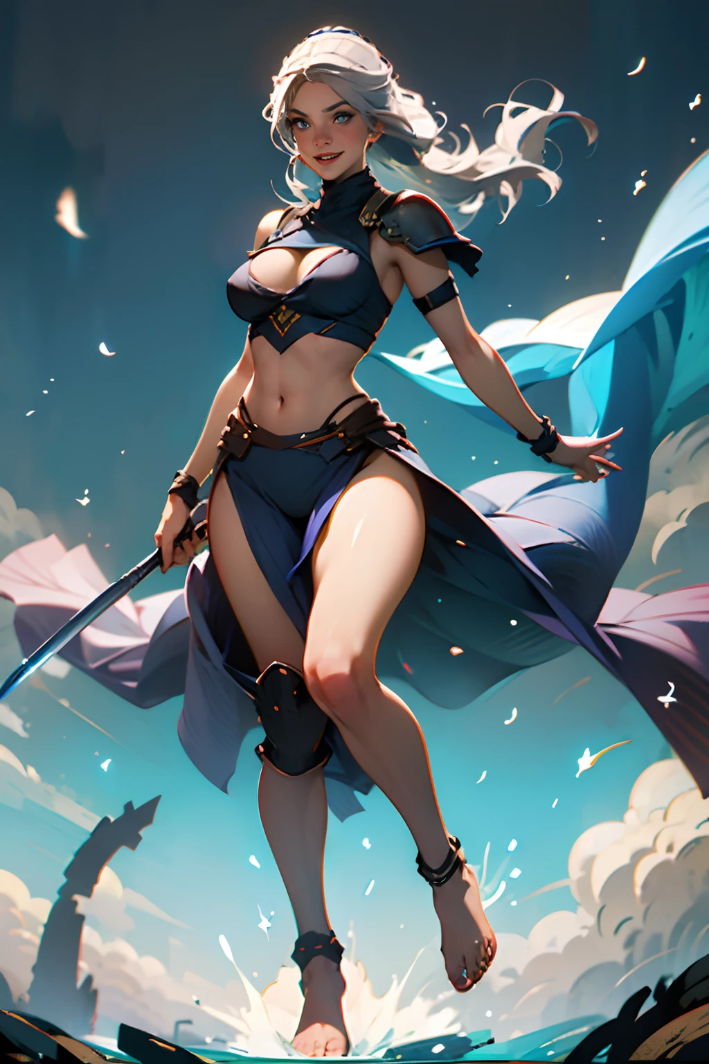 Full body Photo of a hot beautiful woman, perfect face, beautiful face, highlighted gray hair, samurai shoulder armor, holding a holy sword, (big breasts:1.4), no bra, looking at viewer,particle,wind ,flames ,backlighting,rim lighting,upper body,hot pose, you can see her nipples, visible areolas, see through, naked feet, bare feet, beautiful feet, facing the viewer, full body view, action pose, big blue sky eyes, happy grin smile, perfect young body proportions, perfect ass, perfect tiny body, pretty young face, thick thighs, thigh gap, cameltoe, visible crotch, big breasts, (focus on breasts:1.2), hard nipples, perky tits, visible areolas, nip-slip, visible nipples,