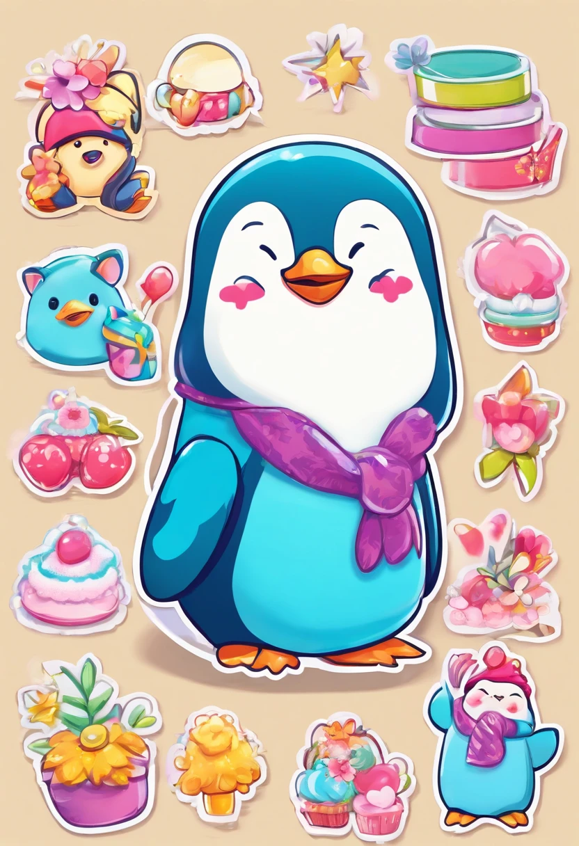 a sticker, penguin, white backgrounid, cute little, For children, bright colour, Cartoon style, fluffly, a smile, accessorized, Toys, adventure, fairytale
