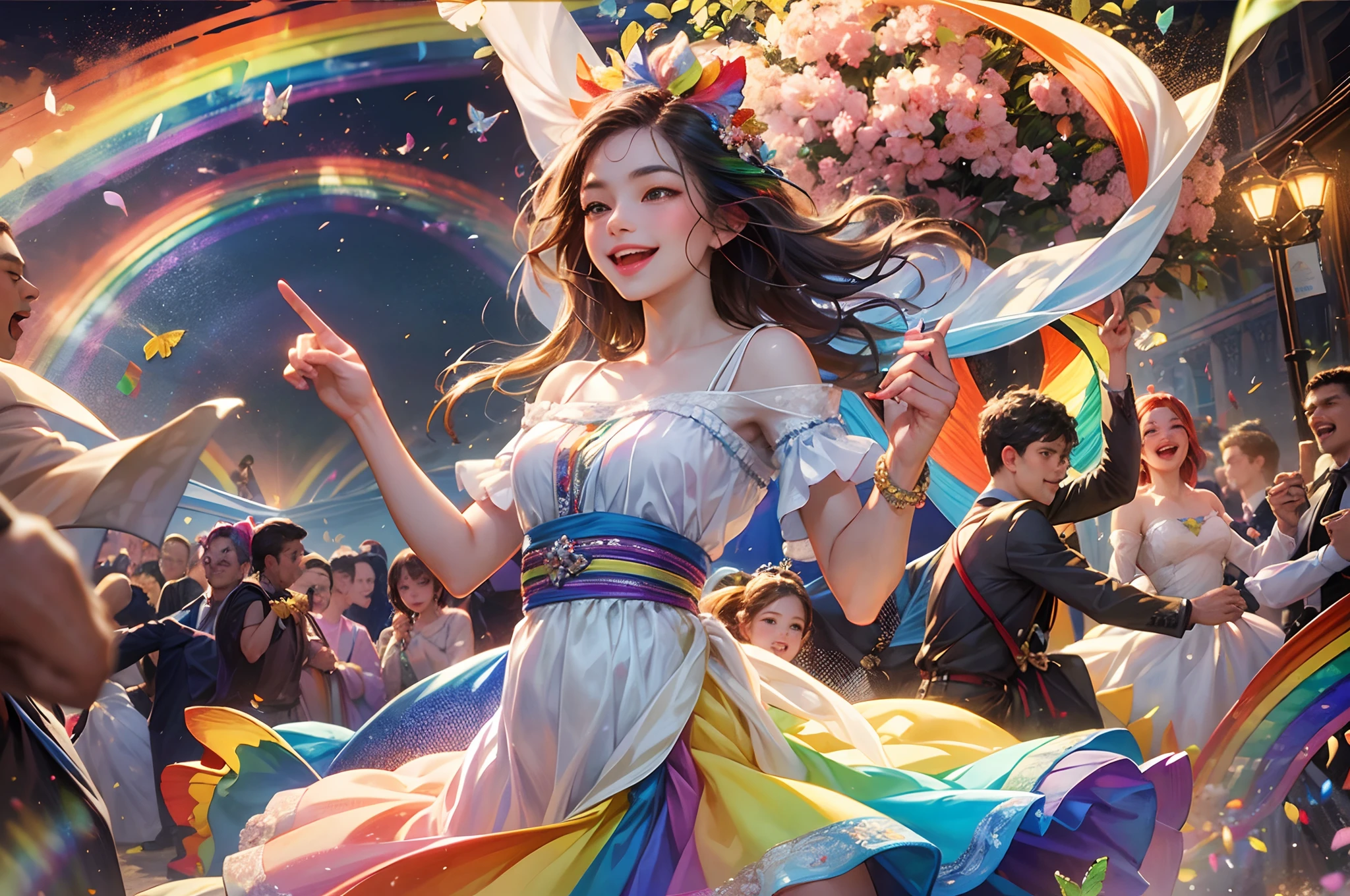 (Best Quality, Masterpiece), 6 characters, party, festival, ((rainbow)), (multicultural group of young people dancing). smiling, relaxing, carefree, fun, uninhibited, particles, wind, flowers, butterflies, bunting, spotlight, rainbow, background is modern times,
