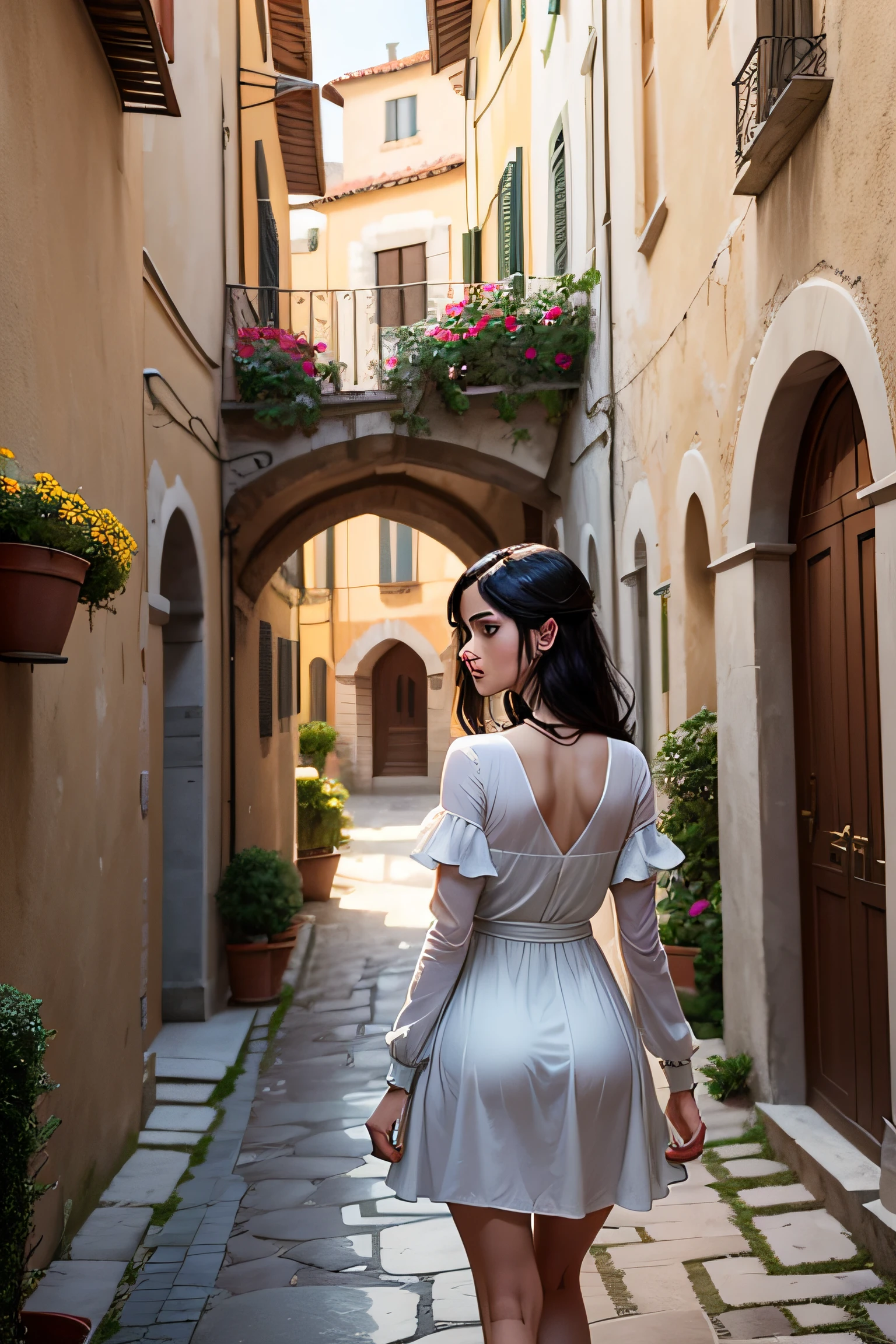 Venture into a charming Italian hamlet, where the streets are narrow and every turn reveals stone-built houses that have stood the test of time. Balconies and windows come alive with flowers of every hue, painting a vibrant tapestry against the muted tones of the stone. As you navigate this maze, a girl captures your attention. Seen from behind, her silhouette is gracefully poised, and her black hair, tied up, adds to her mystique. The scene feels like a frame from a Federico Fellini movie. Medium: Photo hyper-realism. Style: Inspired by the neorealism era of Italian cinema. Lighting: Soft diffused backlighting, highlighting the intricate details of the stone houses and the girl. Colors: A palette dominated by earthy browns and grays, contrasted by the vivid colors of the blooming flowers.