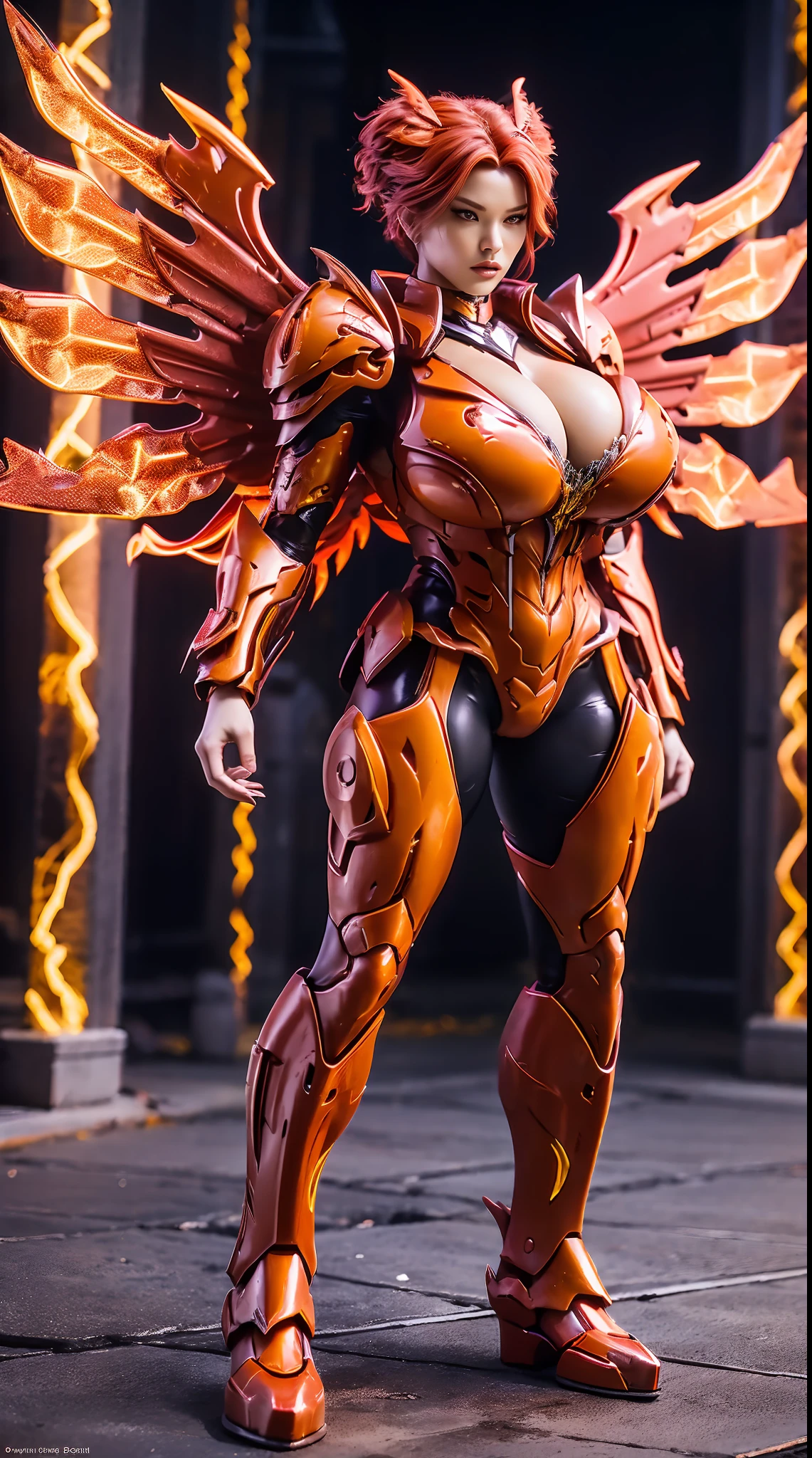 HUGE BOOBS, FIRE PHOENIX, MECHA ARMOR FULL SUIT, (CLEAVAGE), (A PAIR LARGEST WINGS), TRANSPARANT, TALL LEGS, STANDING, SEXY BODY, MUSCLE ABS.