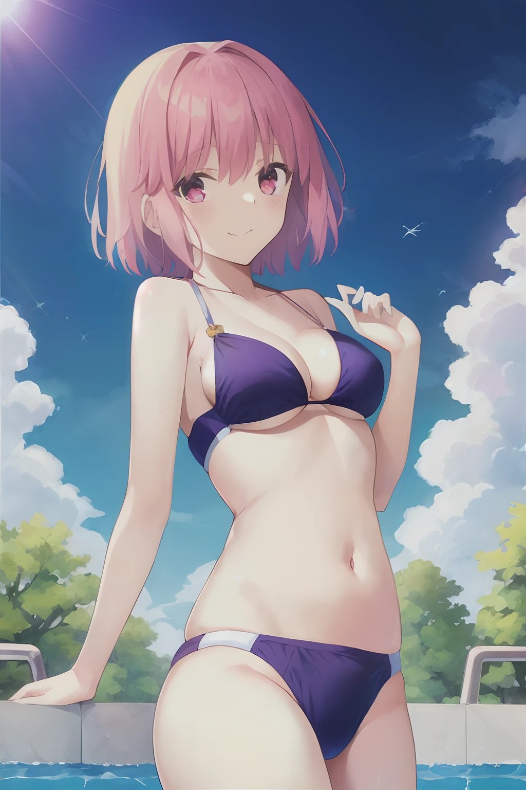 swim wears、hposing Gravure Idol、A pink-haired、top-quality, ​masterpiece, photo of a iom girl, top-quality, ​masterpiece, 1girl, 独奏, cowboy  shot,