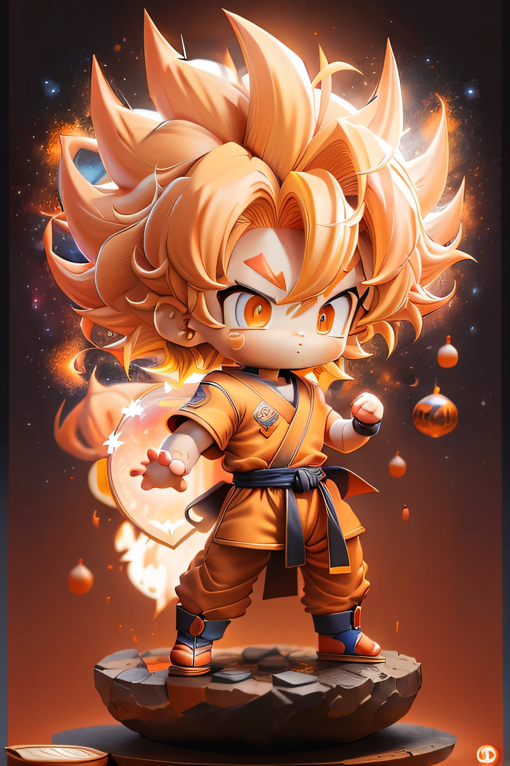 Son Goku, Super Saiyan, Yellow hair, chibi, Blue shirt, looking at viewer, card background, Galaxy, wearing a orange martial arts outfit