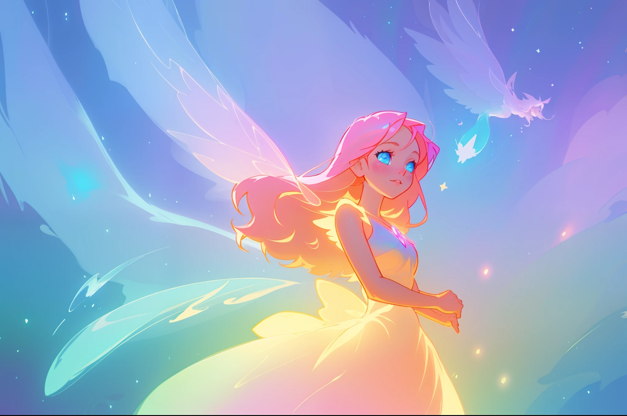 beautiful girl in sparkling glowing dress, glowing fairy wings, inspired by Glen Keane, inspired by Lois van Baarle, disney art style, by Lois van Baarle, glowing aura around her, by Glen Keane, jen bartel, glowing lights! digital painting, flowing glowing hair, glowing flowing hair, beautiful digital illustration, fantasia background, whimsical, magical, fantasy, beautiful face, masterpiece, best quality
