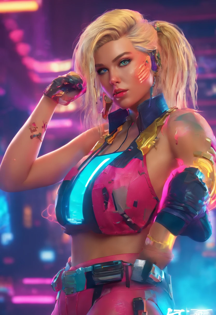 analog style, woman, (thepit bimbo:1.2)), blue eyes, hoop earrings, detailed, skin texture, blonde hair, full lips, full body perspective, collar, pink jacket, centered, tan skin, looking at viewer, kneesocks, 8k, highly detailed, glossy, [Nina Dobrev|Emma Stone], symmetric, realistic, photo-realistic, cleavage focus, pout, ripped jeans, studio lights, wide hips, glowing colors, glowing skin, wavy hair, cyberpunk, breast enlargement, fingerless gloves, neon lights, black sleeves, belt chain, black boots, punk boots, platform boots, cheek band-aid