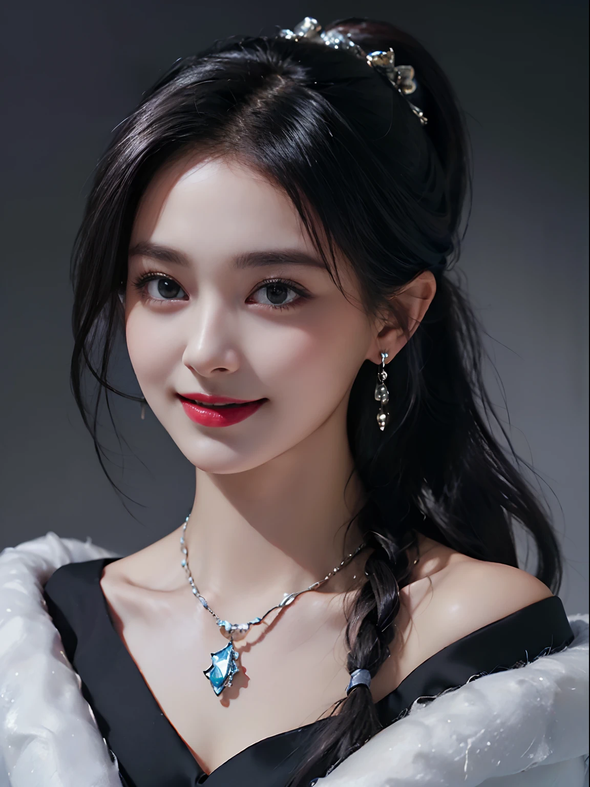 Top Quality, Masterpiece, Ultra High Definition, (Photorealistic: 1.4), Raw Photo, 1 Girl, Off Shoulder, ((((Dark)))), (Deep Shadow)))), ((Low Key)), (((Cold Light)), Black Hair Ponytail, Hair Ornament, Necklace, Smile