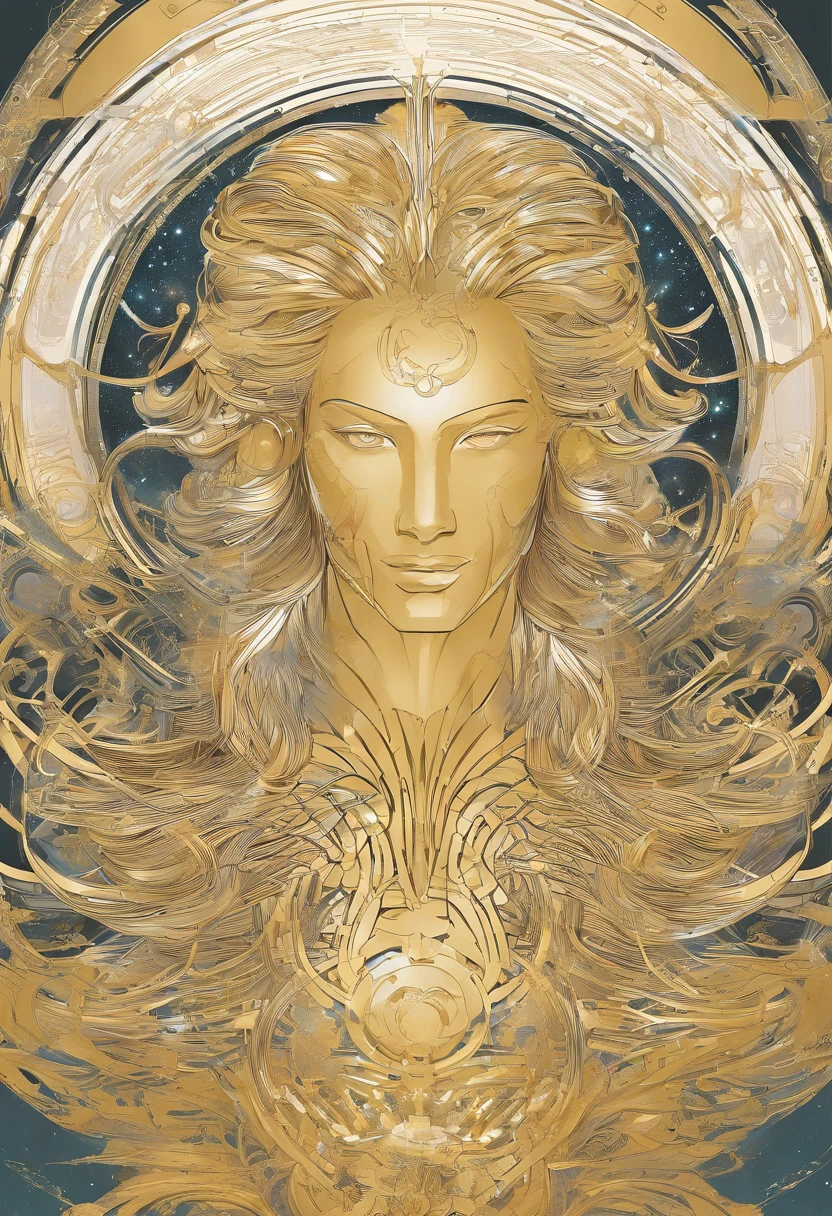 Erschaffe einen Mann mit einzigartigen Eigenschaften, inspired by the sign of Leo and the cosmological stars An artist's impression of the essence of this sign, with distinctive facial features and a mysterious aura, Hinterlassen Sie goldene Spuren von Gold und goldenen Lichtern, Yellowish hair like gold and a confident smile Make the pride of the zodiac sign Leo in its essence with a long, curly and voluminous hair as a representation of the mane clearly