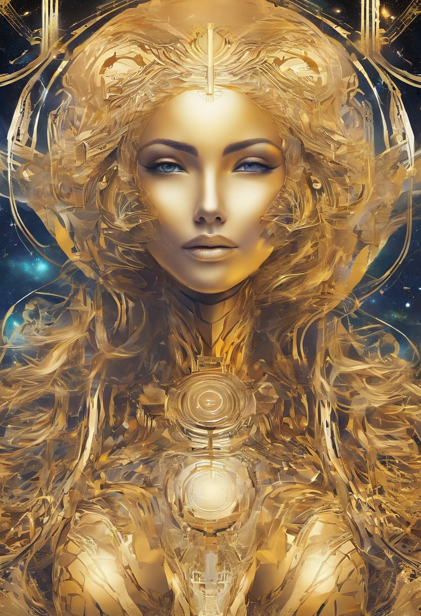 Erschaffe einen Mann mit einzigartigen Eigenschaften, inspired by the sign of Leo and the cosmological stars An artist's impression of the essence of this sign, with distinctive facial features and a mysterious aura, Hinterlassen Sie goldene Spuren von Gold und goldenen Lichtern, Yellowish hair like gold and a confident smile Make the pride of the zodiac sign Leo in its essence with a long, curly and voluminous hair as a representation of the mane clearly