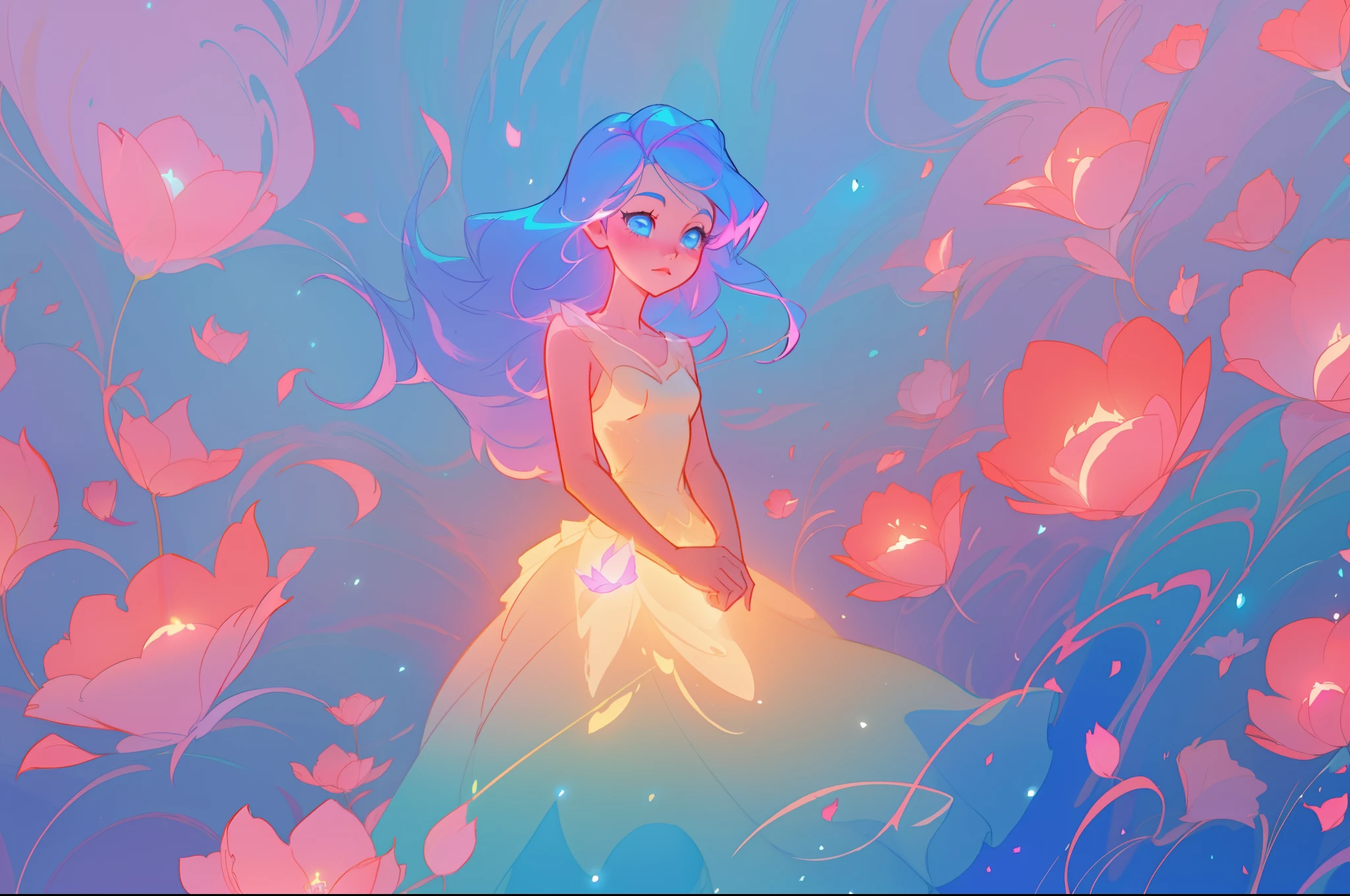 beautiful girl in flowing ballgown, inspired by Glen Keane, inspired by Lois van Baarle, disney art style, by Lois van Baarle, glowing aura around her, by Glen Keane, jen bartel, glowing lights! digital painting, flowing glowing hair, glowing flowing hair, beautiful digital illustration, fantasia otherworldly landscape plants flowers, beautiful, masterpiece, best quality, anime disney style