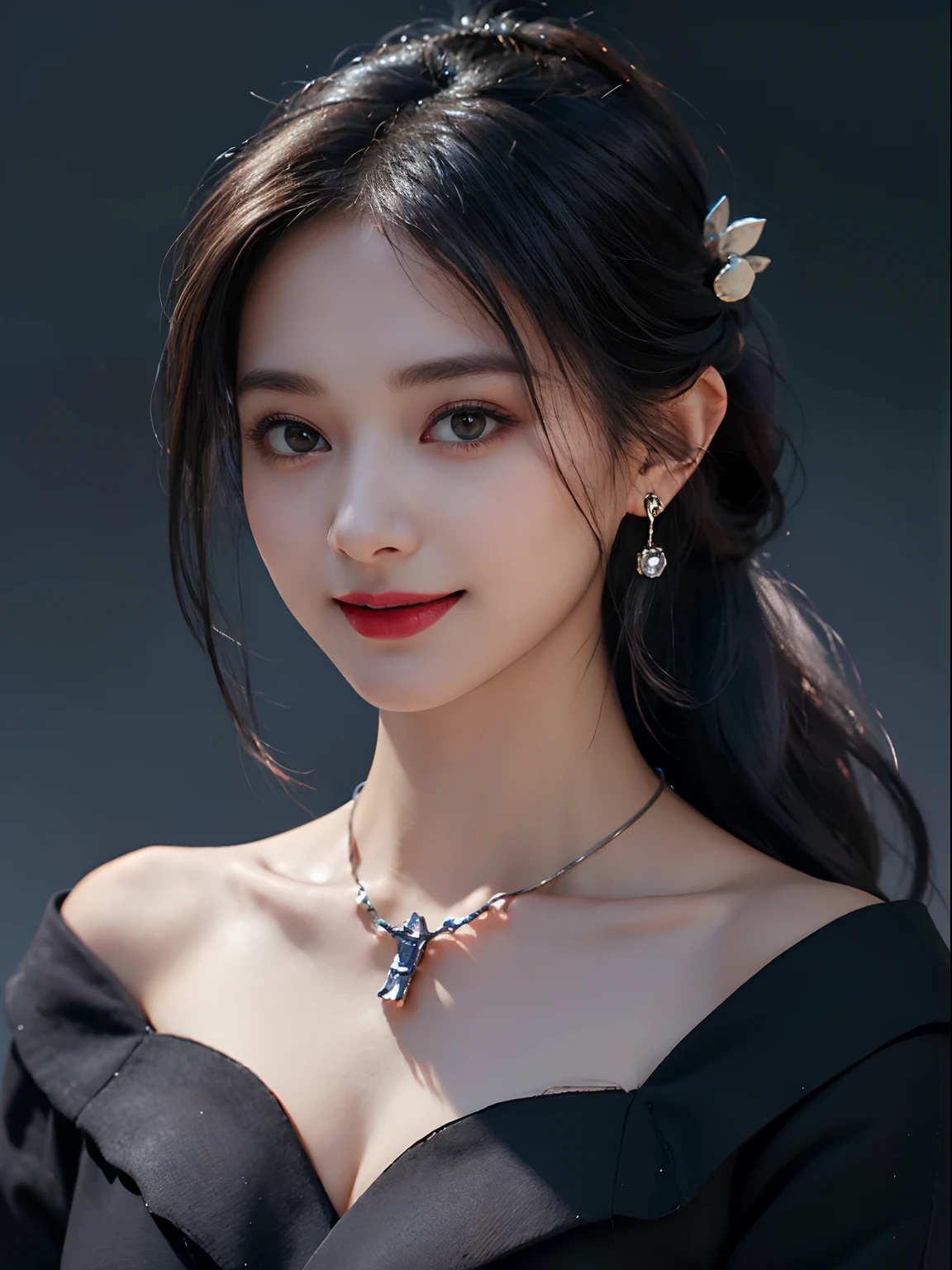 Top Quality, Masterpiece, Ultra High Definition, (Photorealistic: 1.4), Raw Photo, 1 Girl, Off Shoulder, ((((Dark)))), (Deep Shadow)))), ((Low Key)), (((Cold Light)), Black Hair Ponytail, Hair Ornament, Necklace, Smile