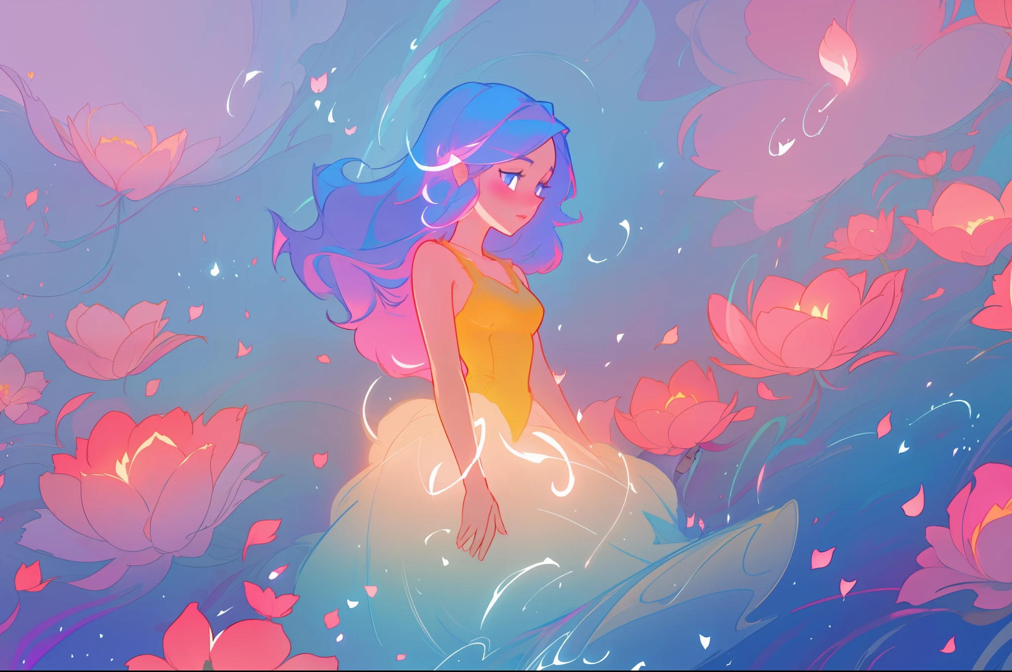 beautiful girl in flowing ballgown, inspired by Glen Keane, inspired by Lois van Baarle, disney art style, by Lois van Baarle, glowing aura around her, by Glen Keane, jen bartel, glowing lights! digital painting, flowing glowing hair, glowing flowing hair, beautiful digital illustration, fantasia otherworldly landscape plants flowers, beautiful, masterpiece, best quality, anime disney style